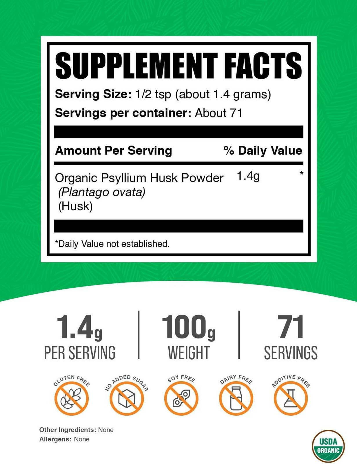 Organic Psyllium Husk Powder for Baking and Fiber Supplements 100g Gluten Free