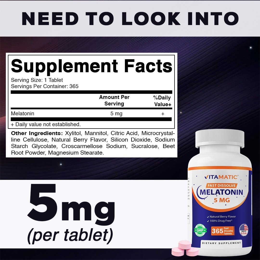 Vitamatic Melatonin 5mg Tablets | Natural Berry Flavor – 365 Tablets
