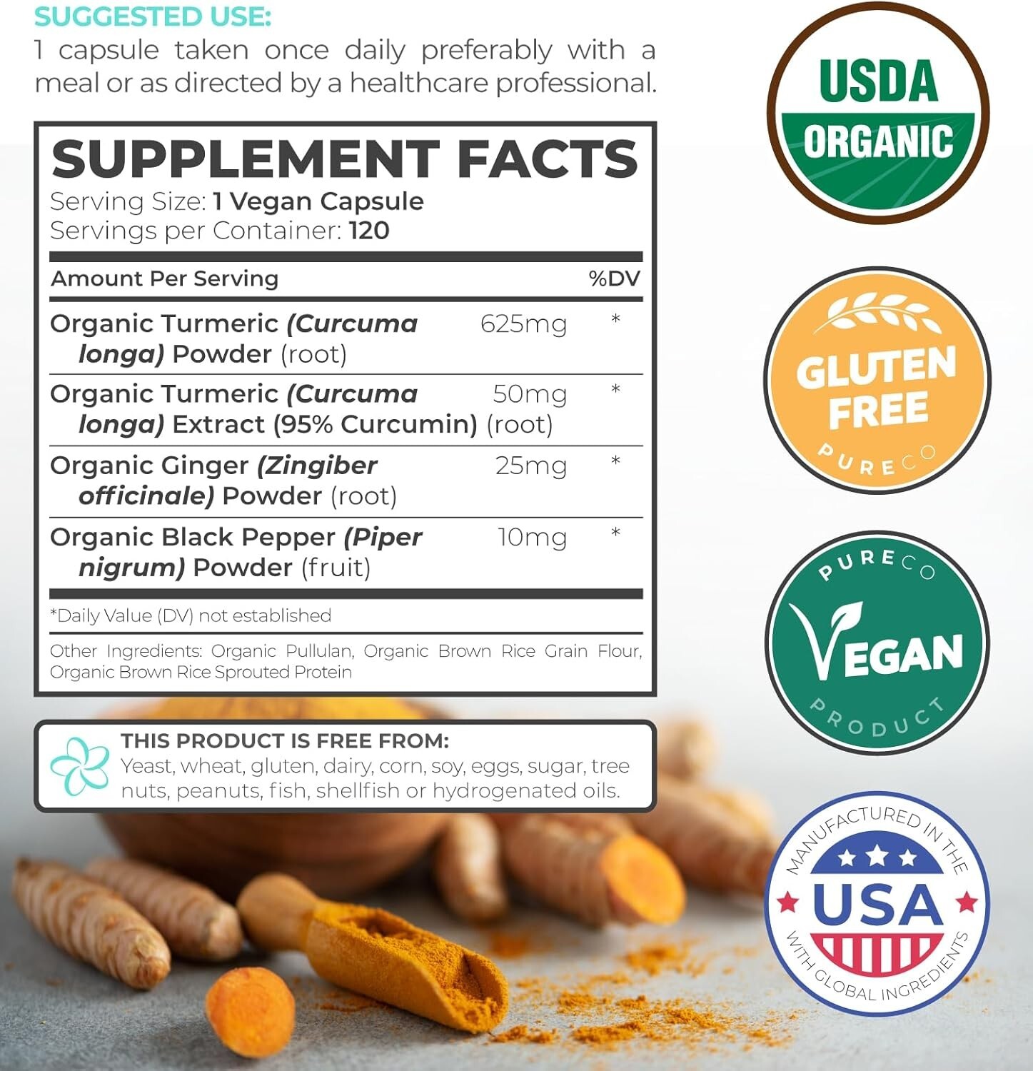 USDA Organic Turmeric Curcumin with Black Pepper Ginger, 4 Month Supply, 120ct
