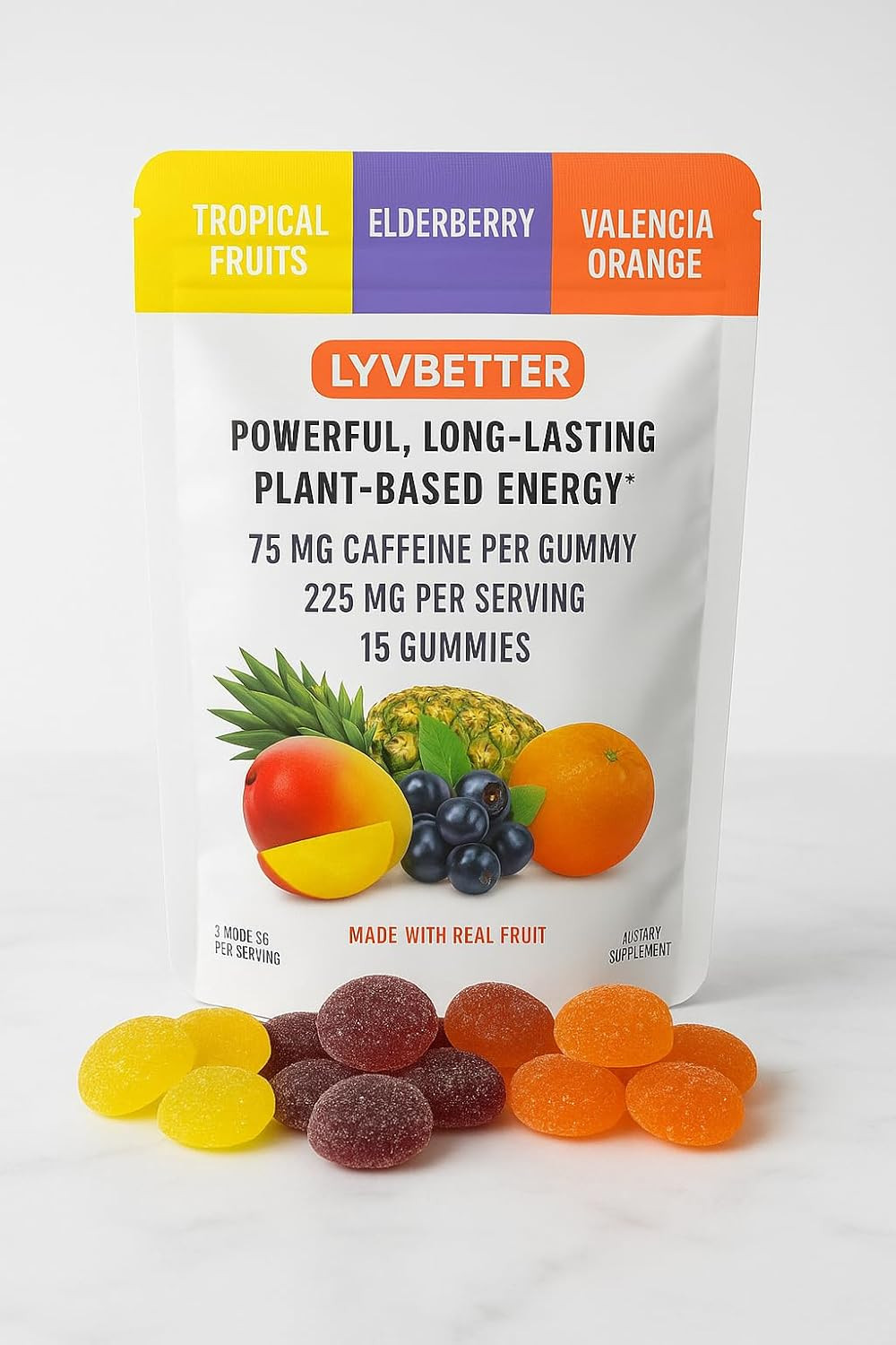 Energy Gummies – Lyvbetter – in 3 Different Flavors – 75mg Caffeine per Gummy, 3