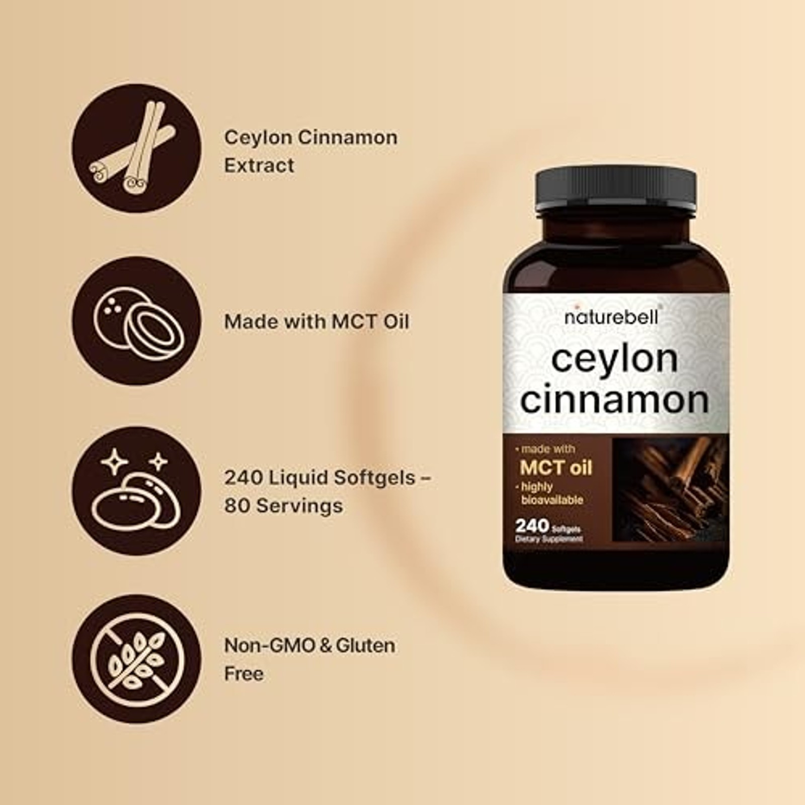 Ceylon Cinnamon, 240 Softgels – Cinnamon Supplement Made with MCT Oil –
