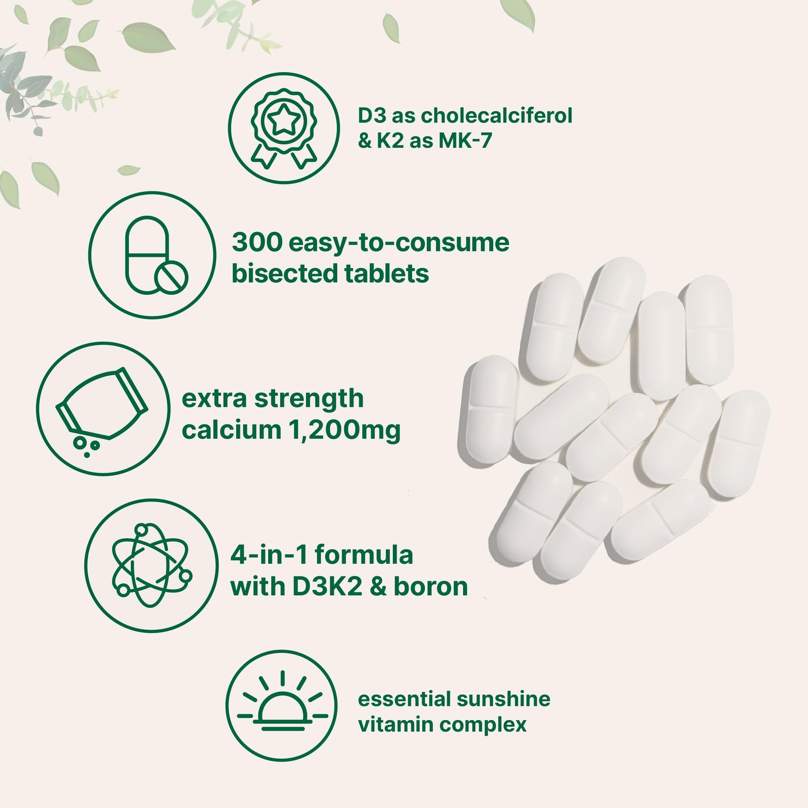 Calcium 1,200mg with Vitamin D3 & K2, 300 Tablets | 300 Count (Pack of 1)