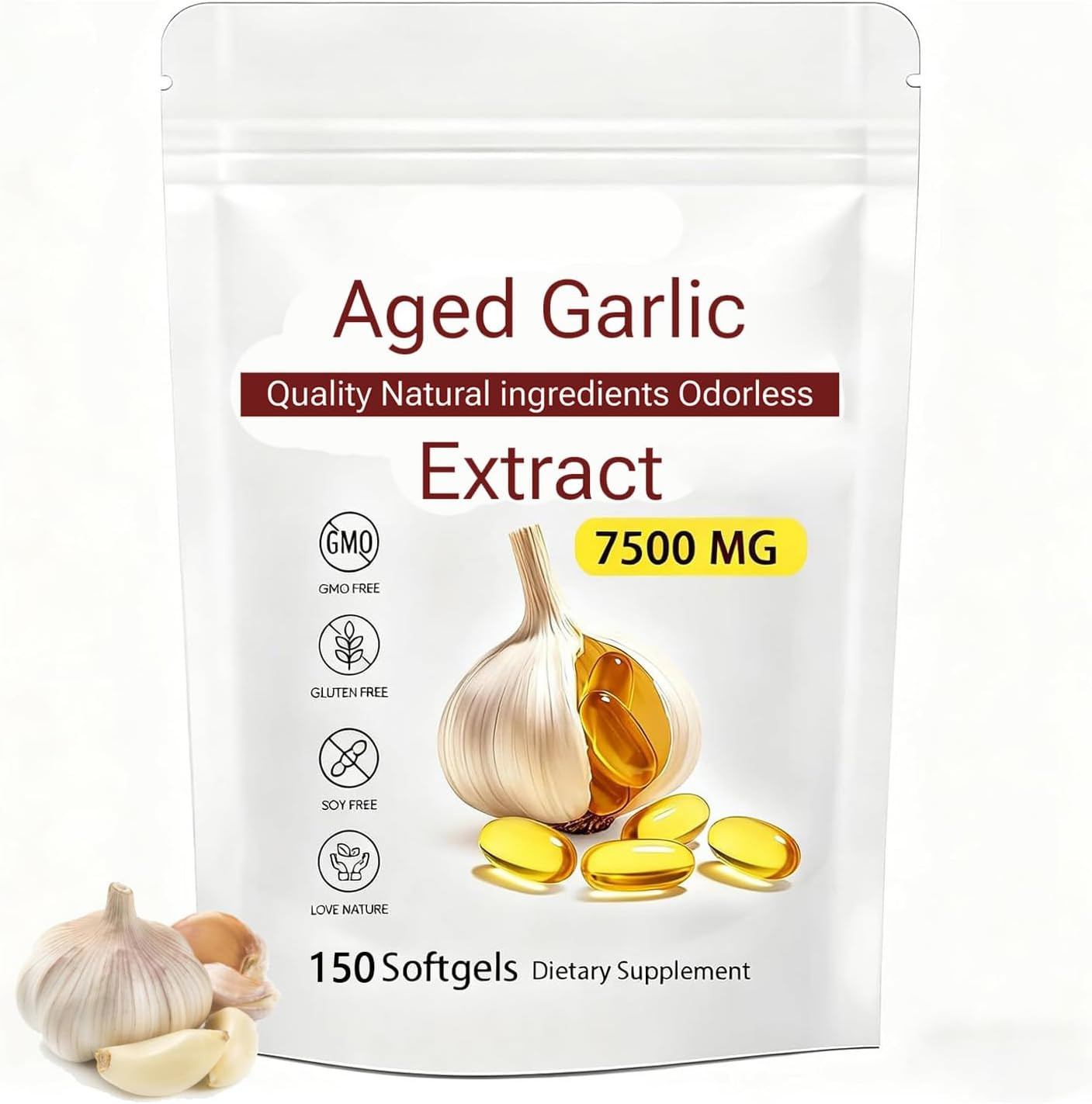 Odorless Garlic 7500mg Per Servings, 150 Softgels | 2 Years Aged Garlic Extract