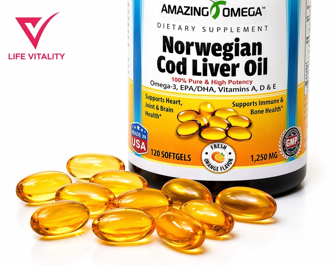 Norwegian Cod Liver Oil 1250 Mg Omega 3 EPA – DHA 120 Softgels Orange Flavor