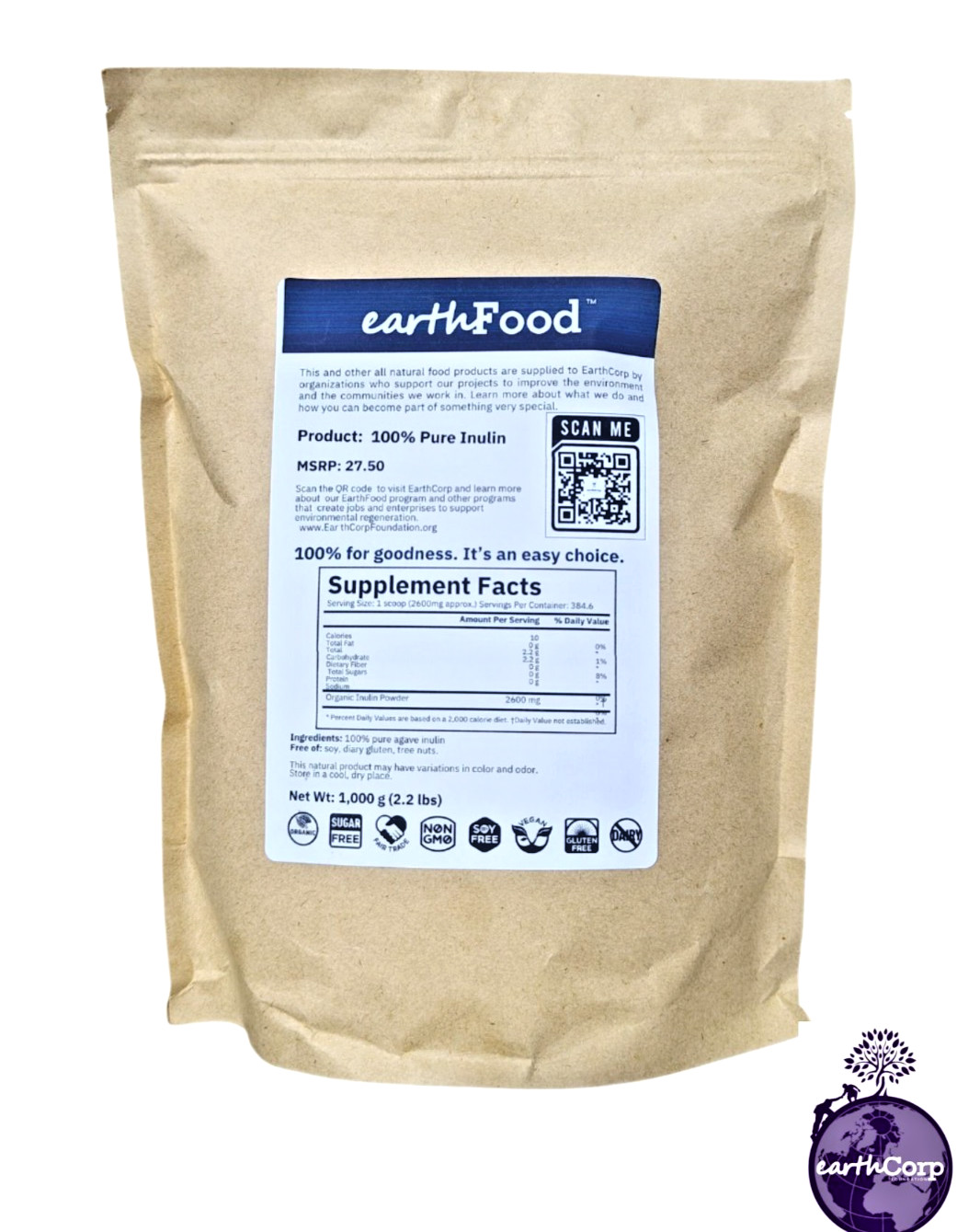 100% PURE INULIN POWDER by EarthFood. 1 KG (2.2 lbs). Full COA, bulk options