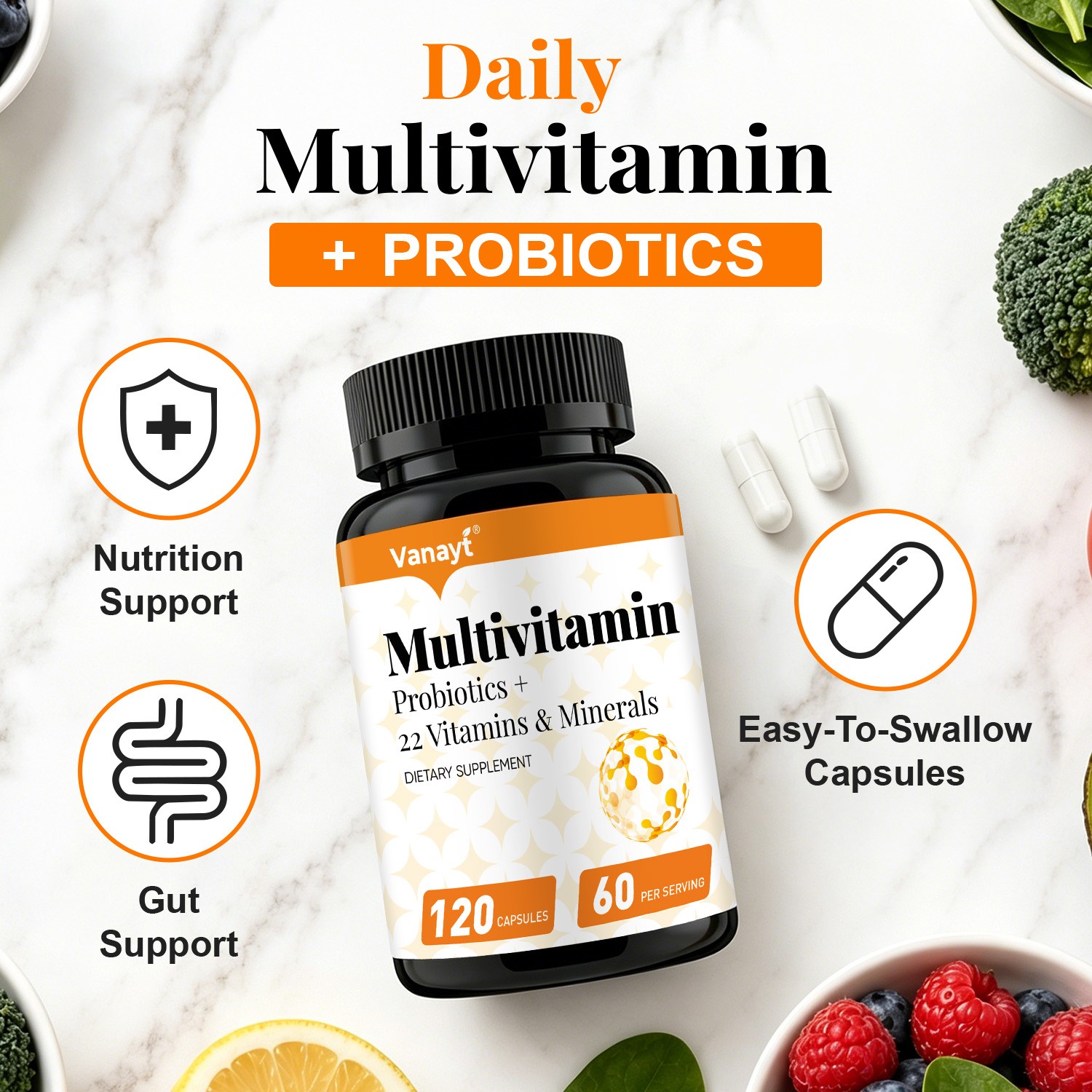 Multivitamin with Probiotics & Minerals Daily Energy Gut Immune Support 120p