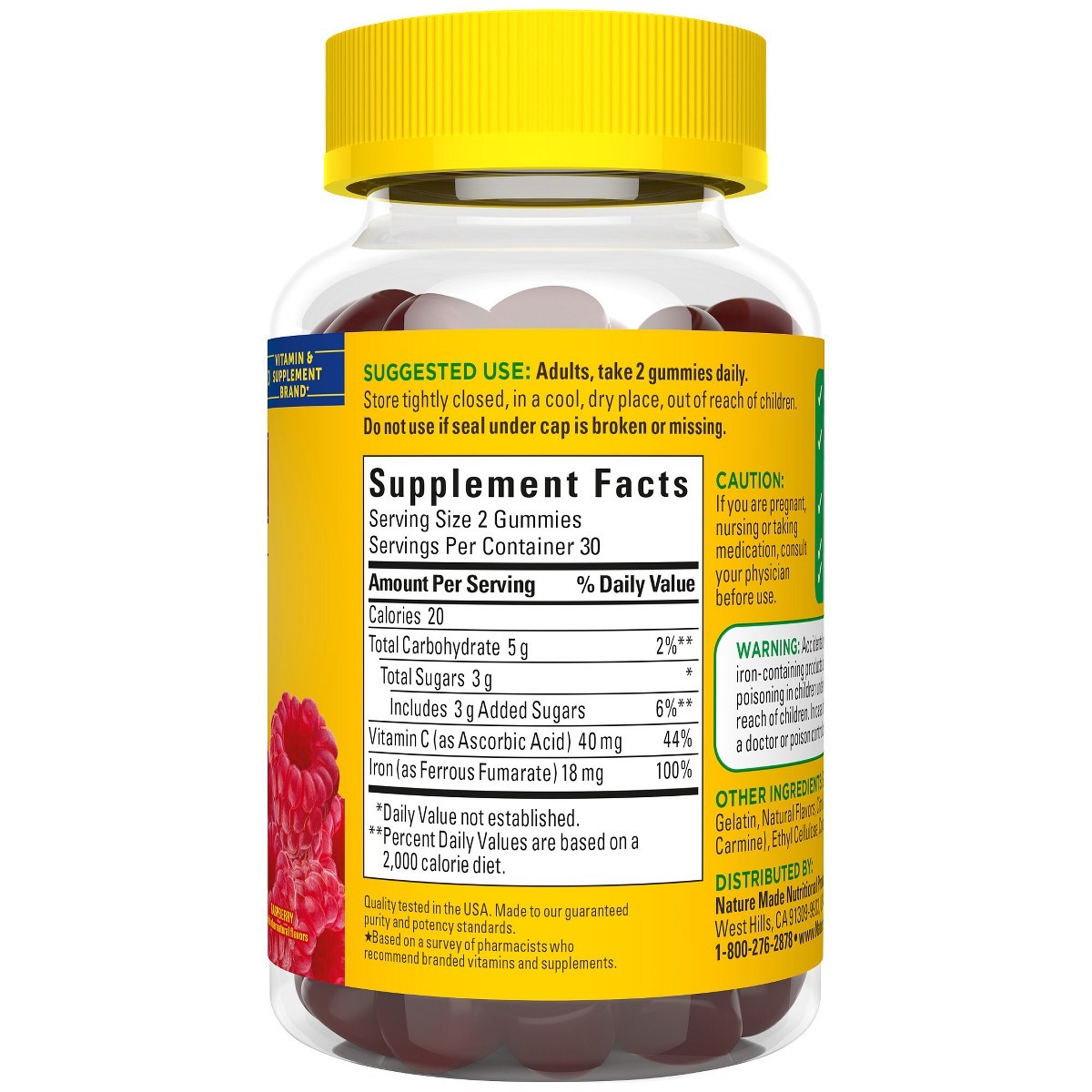 Nature Made Iron Supplement 18mg Per Serving – Raspberry Flavored – 60ct
