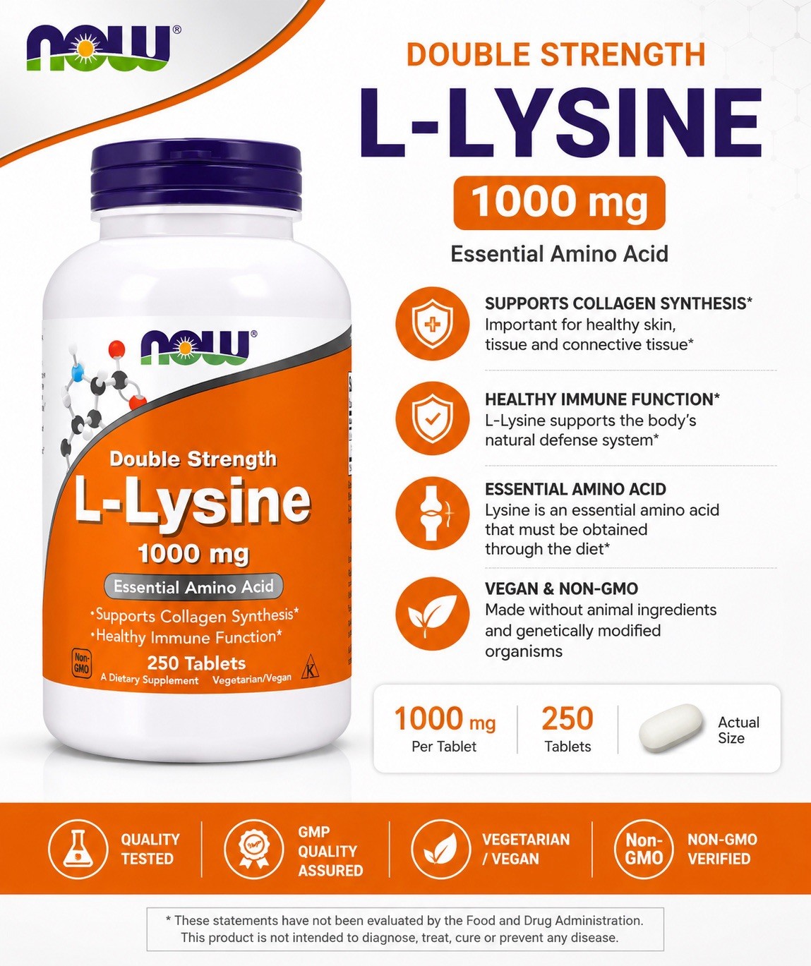 NOW L-Lysine 1000 mg Double Strength 250 Tablets – Vegan Non-GMO