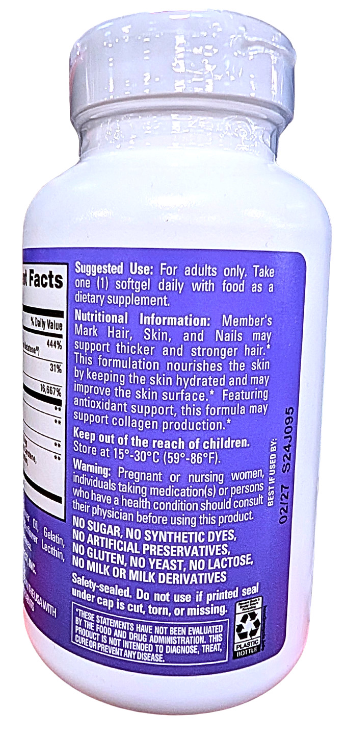 Member’s Mark Advanced Hair Skin & Nails Softgels 120 Count EXP 02/2027