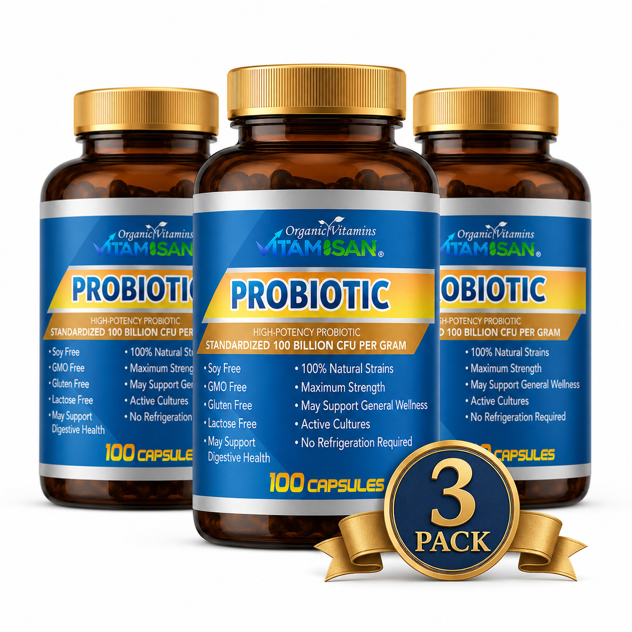 3 Pack Probiotic Supplement 100 Billion CFU Shelf Stable Digestive Health