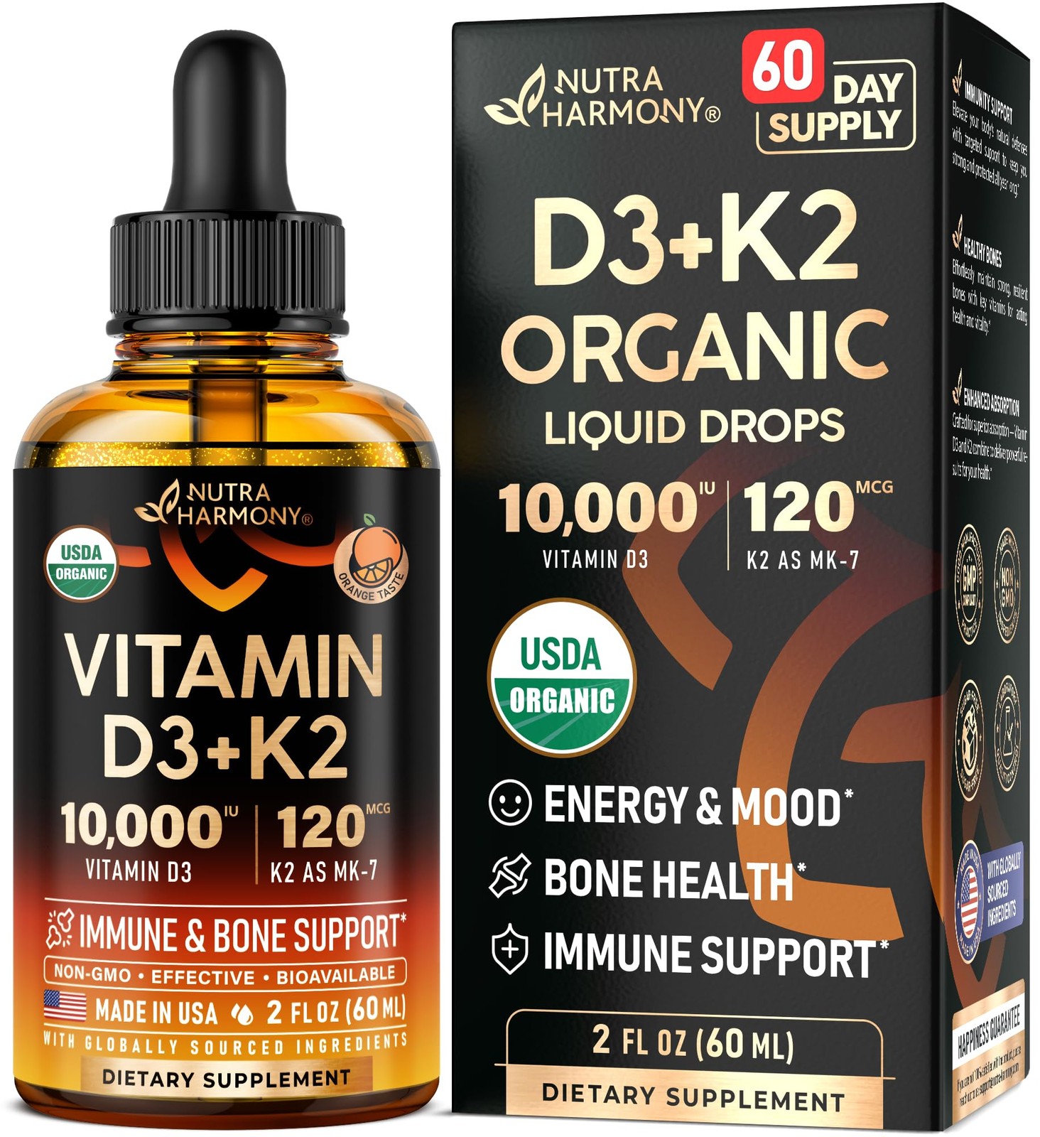 Vitamin D3 K2 Organic Drops Bone Teeth Immune Mood Support Gotas Vitamina D3