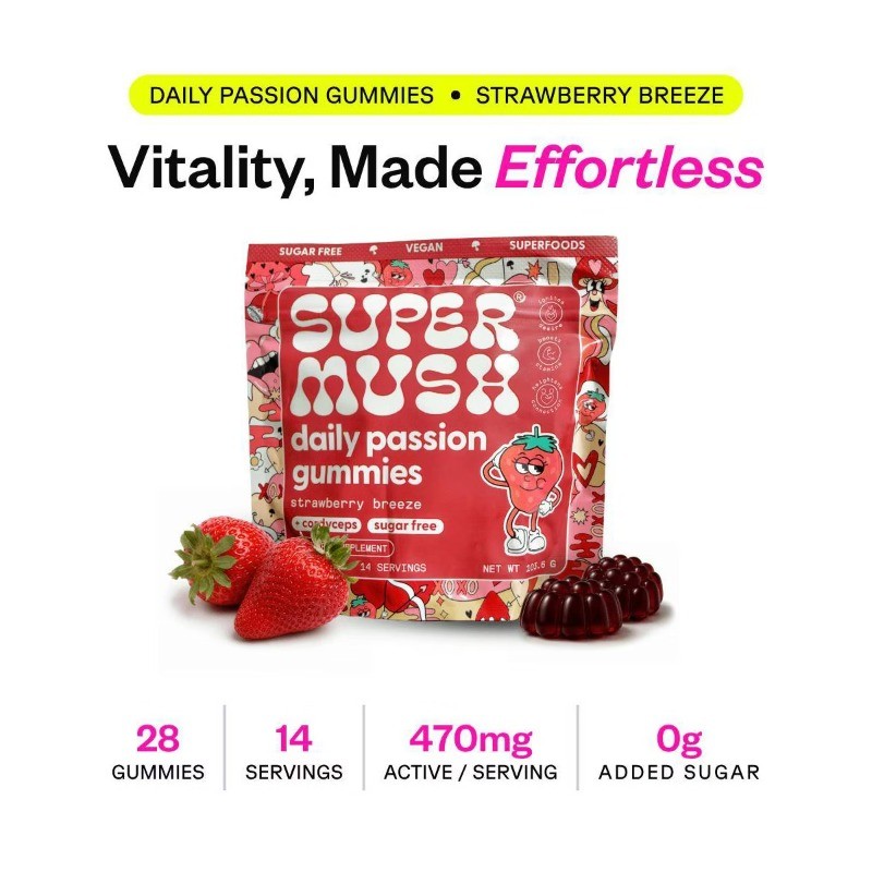 SuperMush Daily Passion Mushroom Supplement Gummies – 28ct/14 Servings