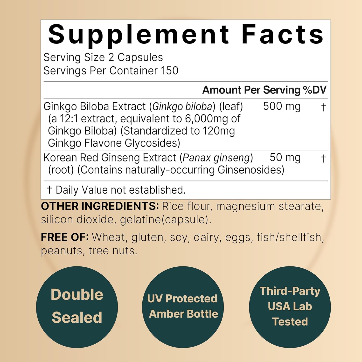 300 Caps Ginkgo Biloba 6000mg w/Red Panax Ginseng for Memory Focus Brain Health