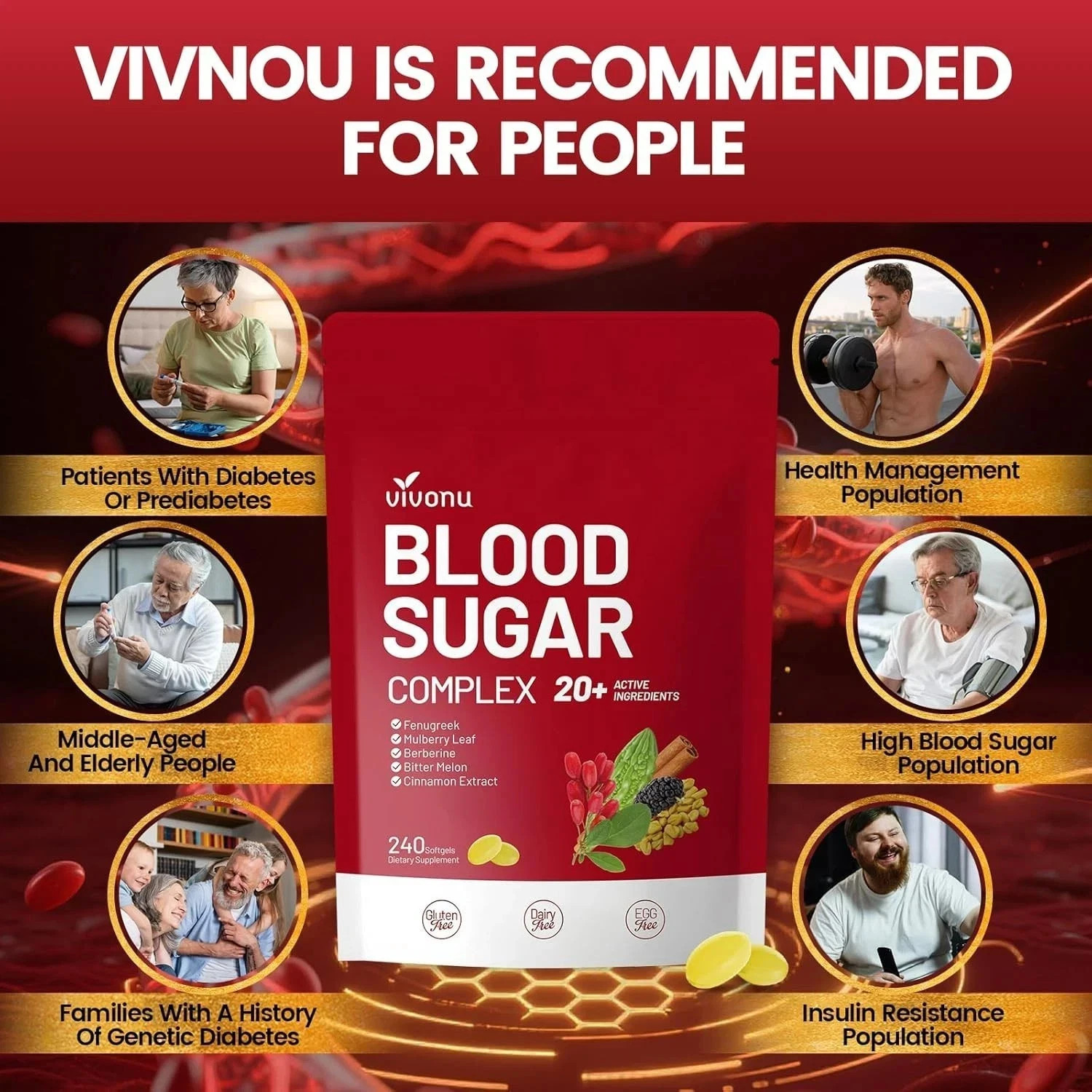 VivoNu Blood Sugar Complex Supplement with 20 Herbs and Vitamins 240 Softgels.