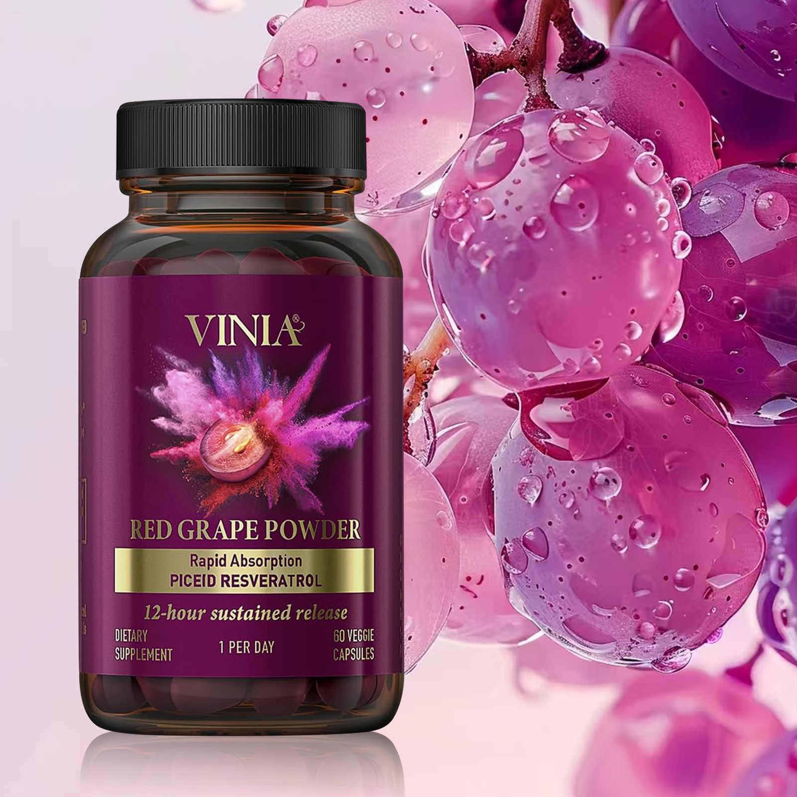 Vinia Red Grape Powder Rapid Absorbtion Piceid Resveratrol 30 Veggie Capsul New