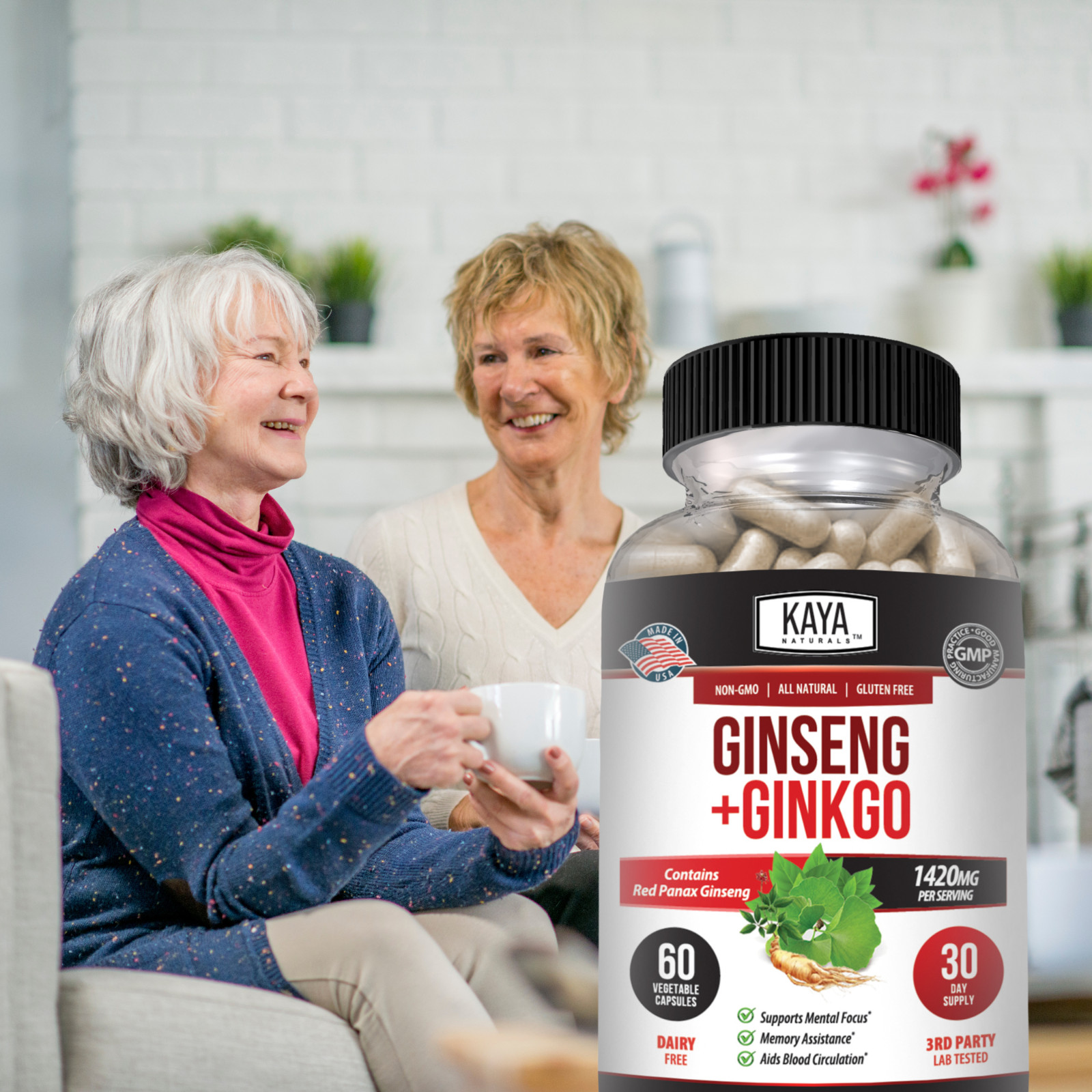 (2 Pack) Ginseng + Ginkgo for Brain Function, Blood Flow, Anti Inflammatory