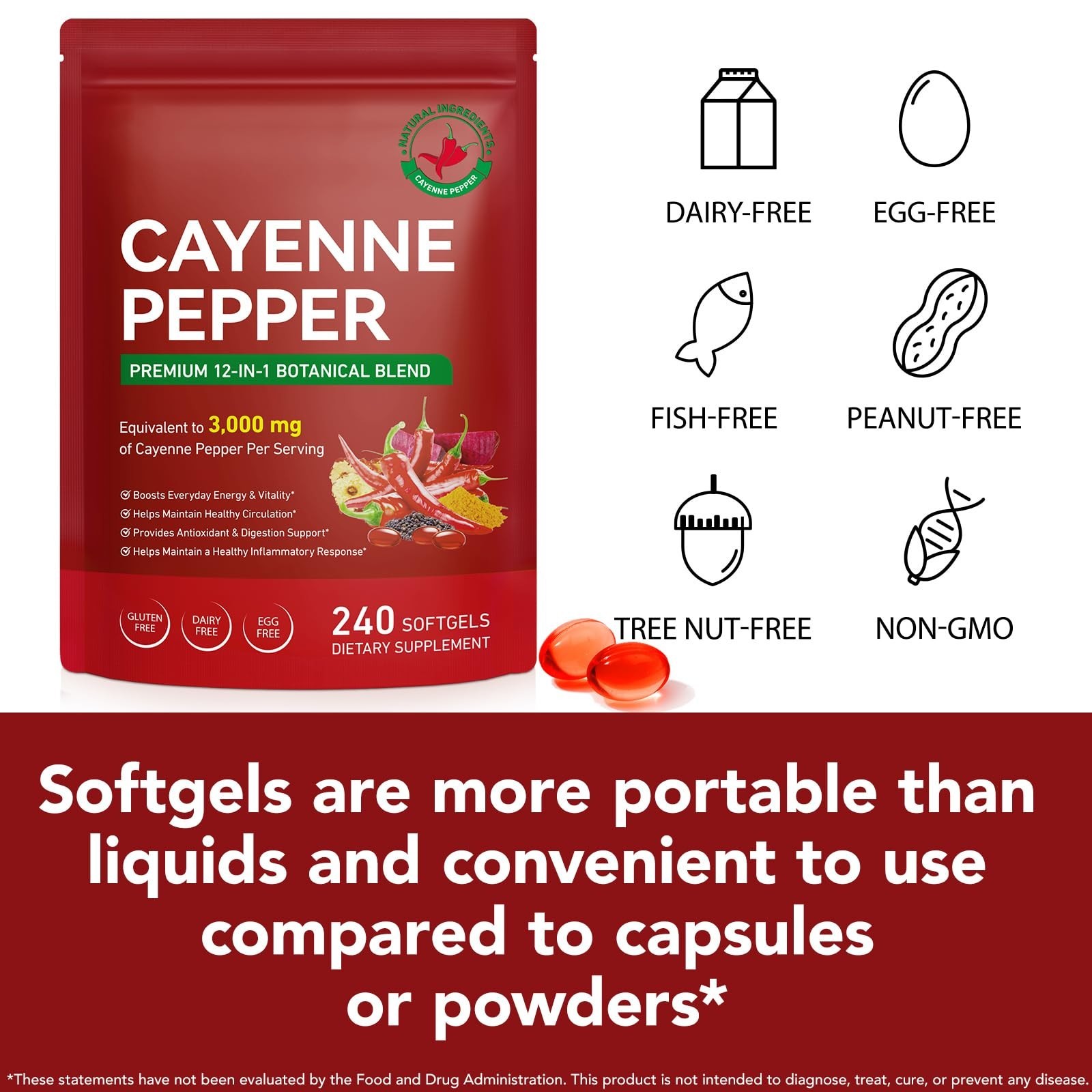 Cayenne Pepper Softgels 240 Count | Non-GMO Beetroot Hawthorn D3 K2 | Heart & Ci