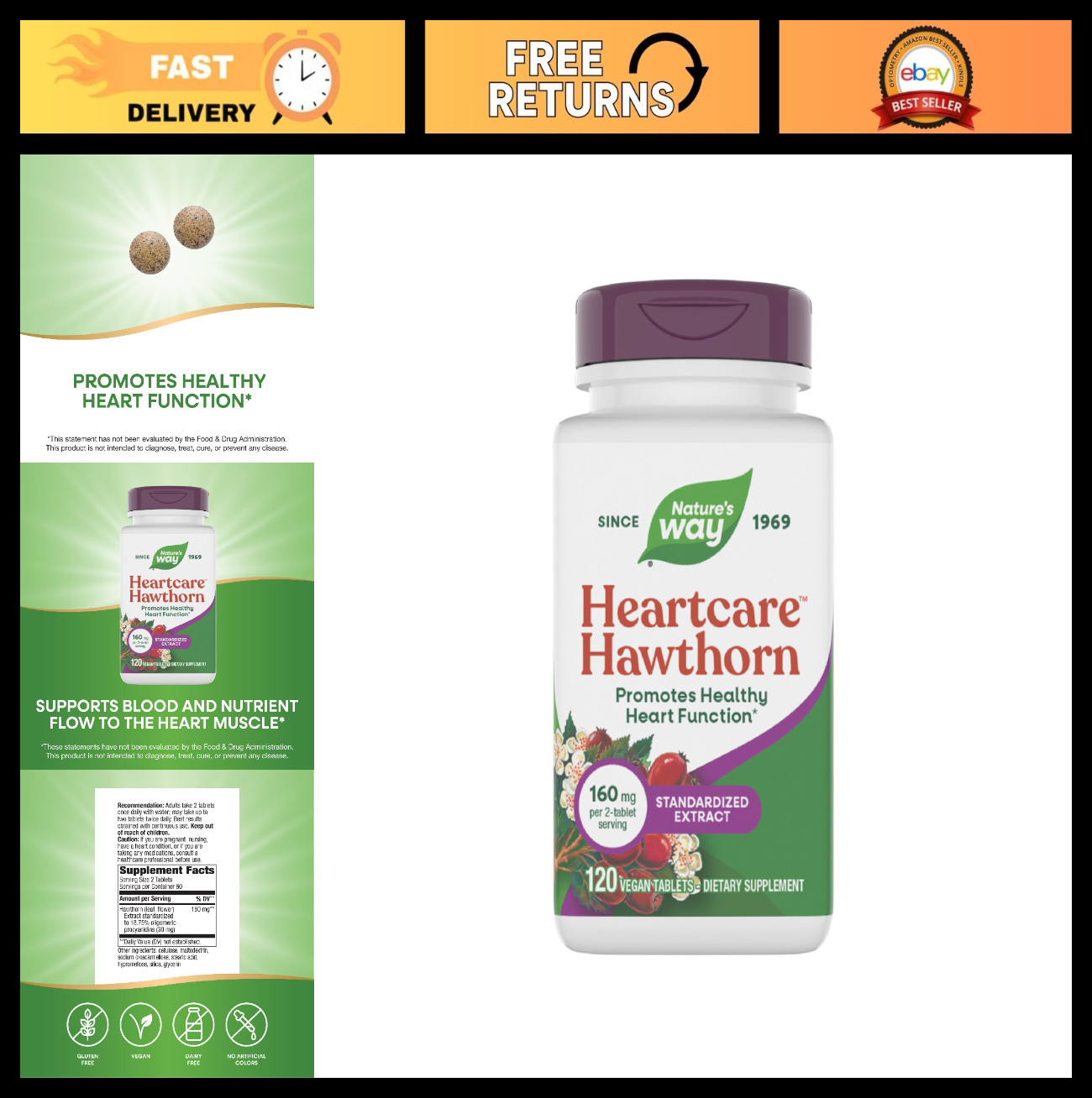 HeartCare Hawthorn Tablets 120 ct | 160 mg Standardized Extract | Vegan, Gluten-