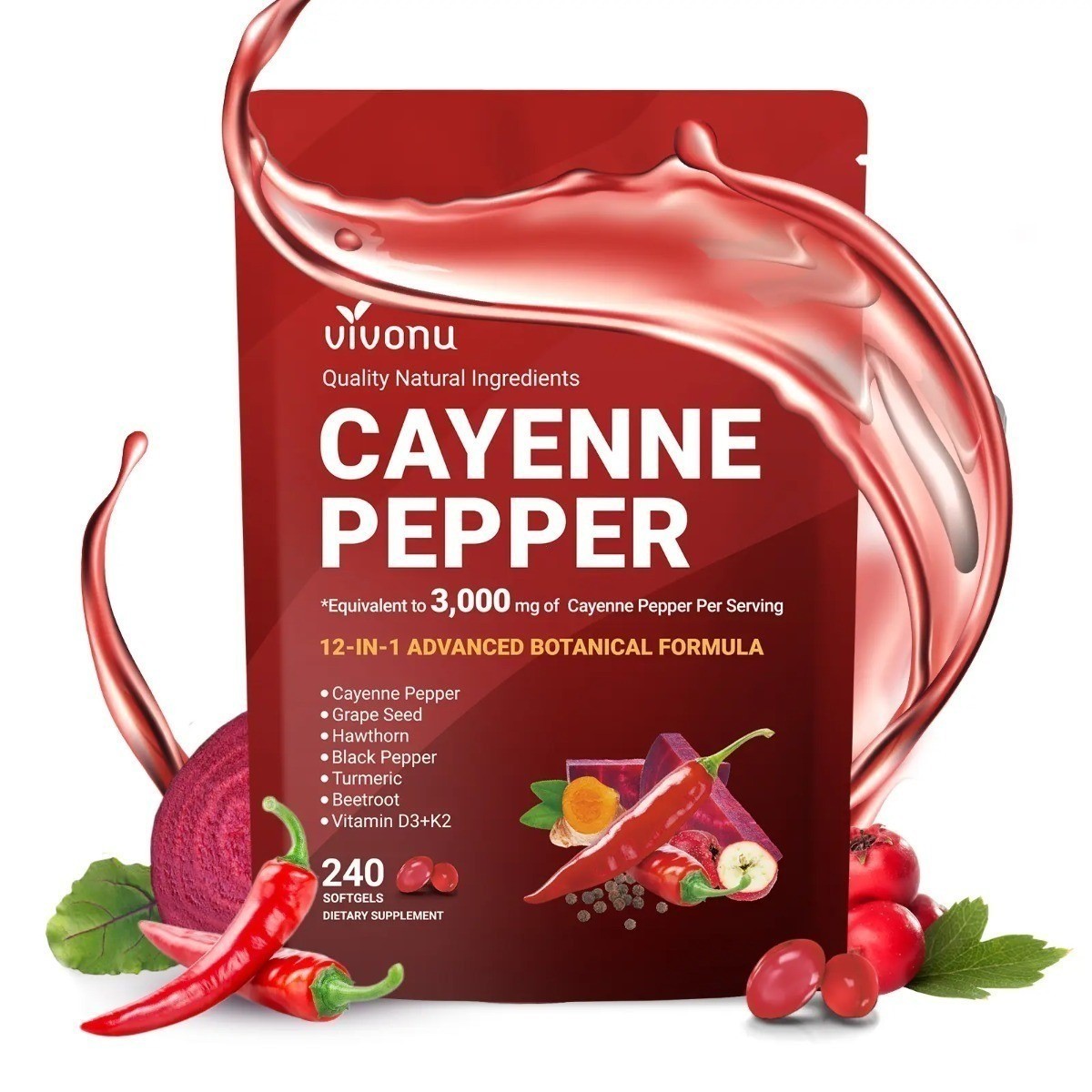 Vivonu 12-in-1 Cayenne Pepper Softgels Heart Circulation D3 K2 Turmeric Beetroot