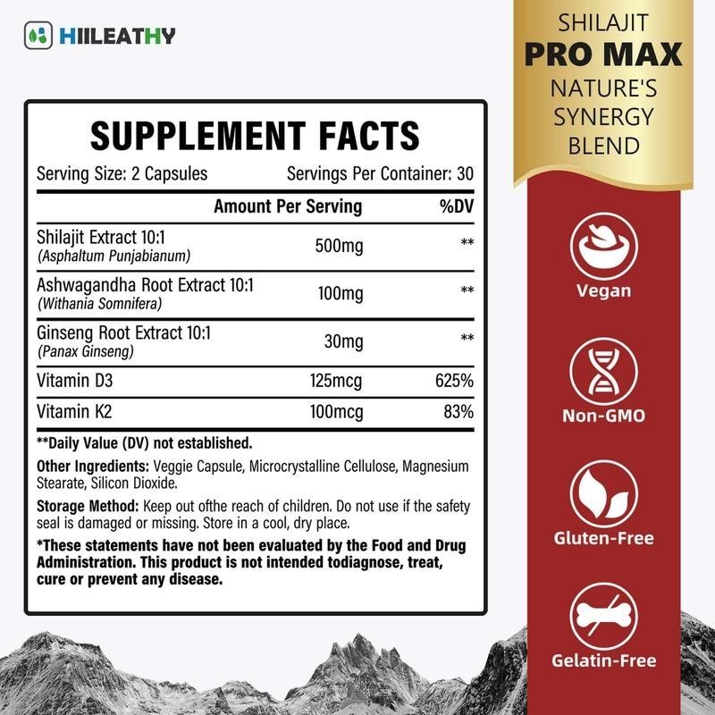 HIILEATHY Shilajit PRO MAX Supplements-Ashwagandha,Boost Energy,Provide Vitality