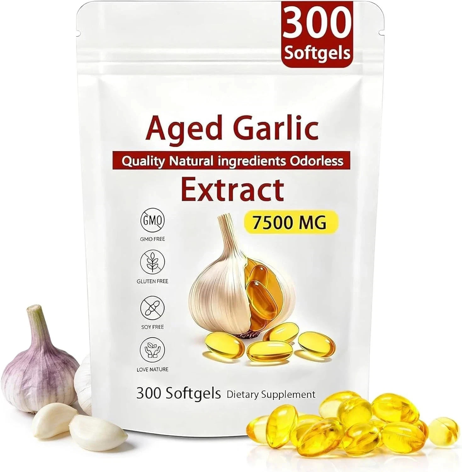 Odorless Garlic 7500mg Per Servings, 300 Softgels | 2 Years Aged Garlic Extra…