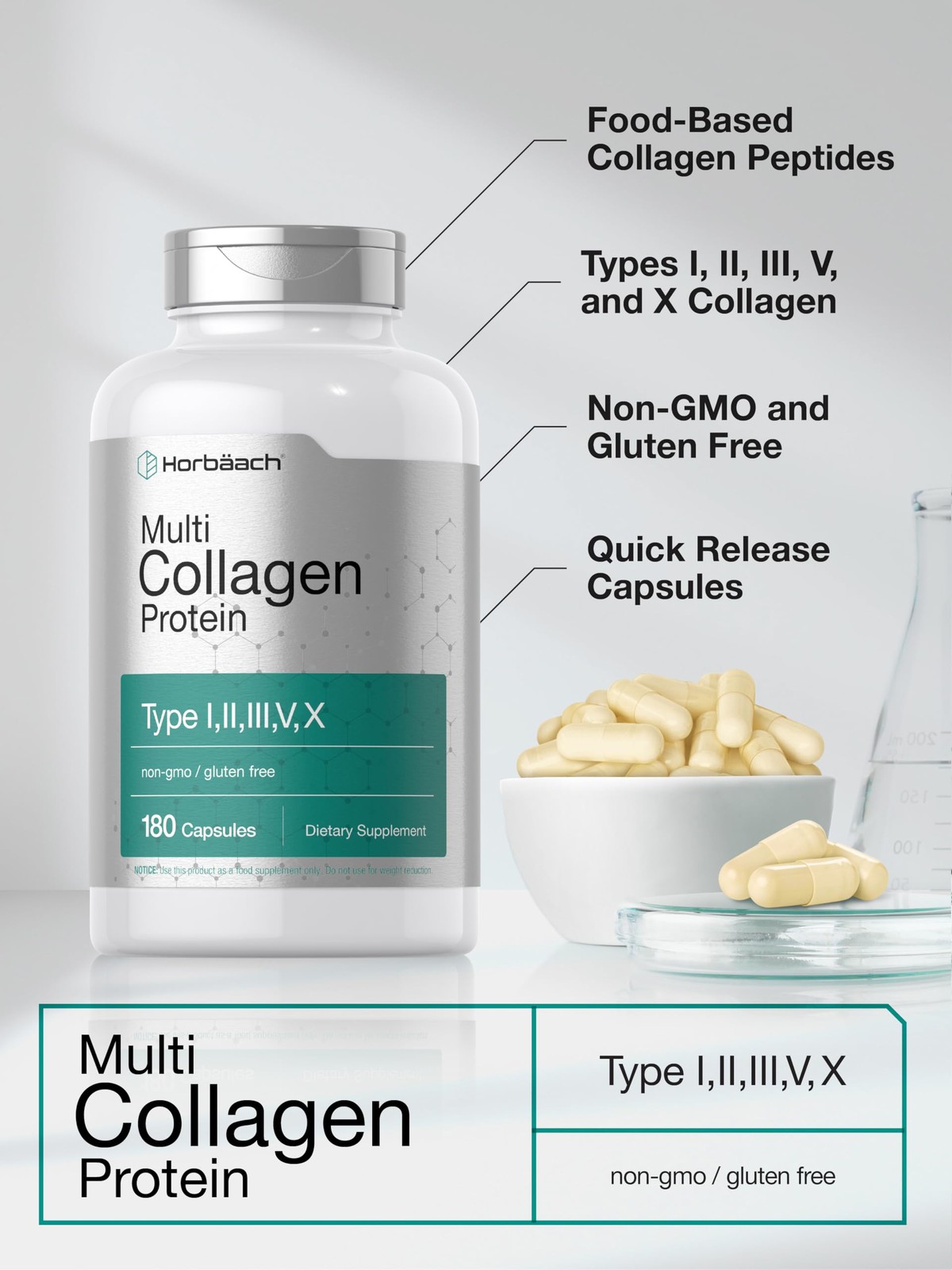 Horbäach Multi Collagen Protein 2000 mg | 180 Capsules 180 Count (Pack of 1)