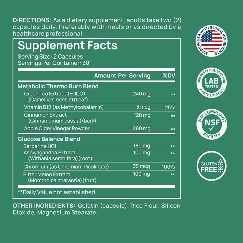 Made in USA Berberine Metabolism Supplement Natural Dual Blend 60 Caps