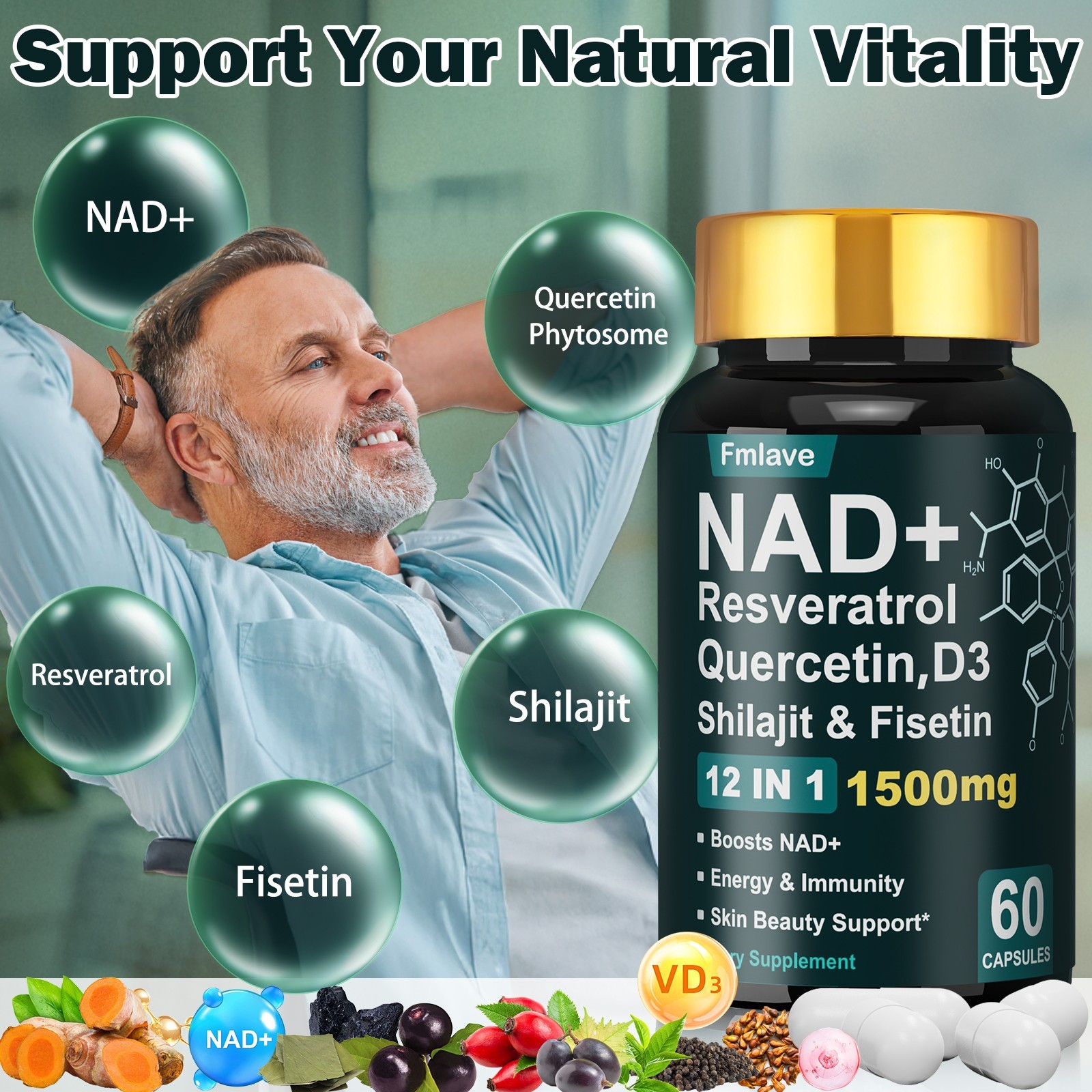 NAD supplement, 1500mg resveratrol containing supplement, 60 capsules Free ship