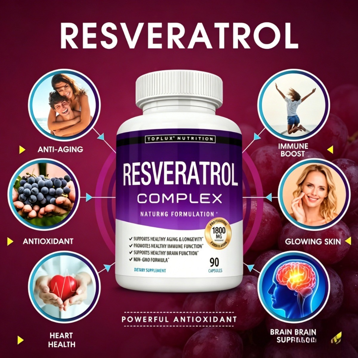 Toplux Resveratrol 1800mg – Natural High Potency Antioxidant for Cellular Health