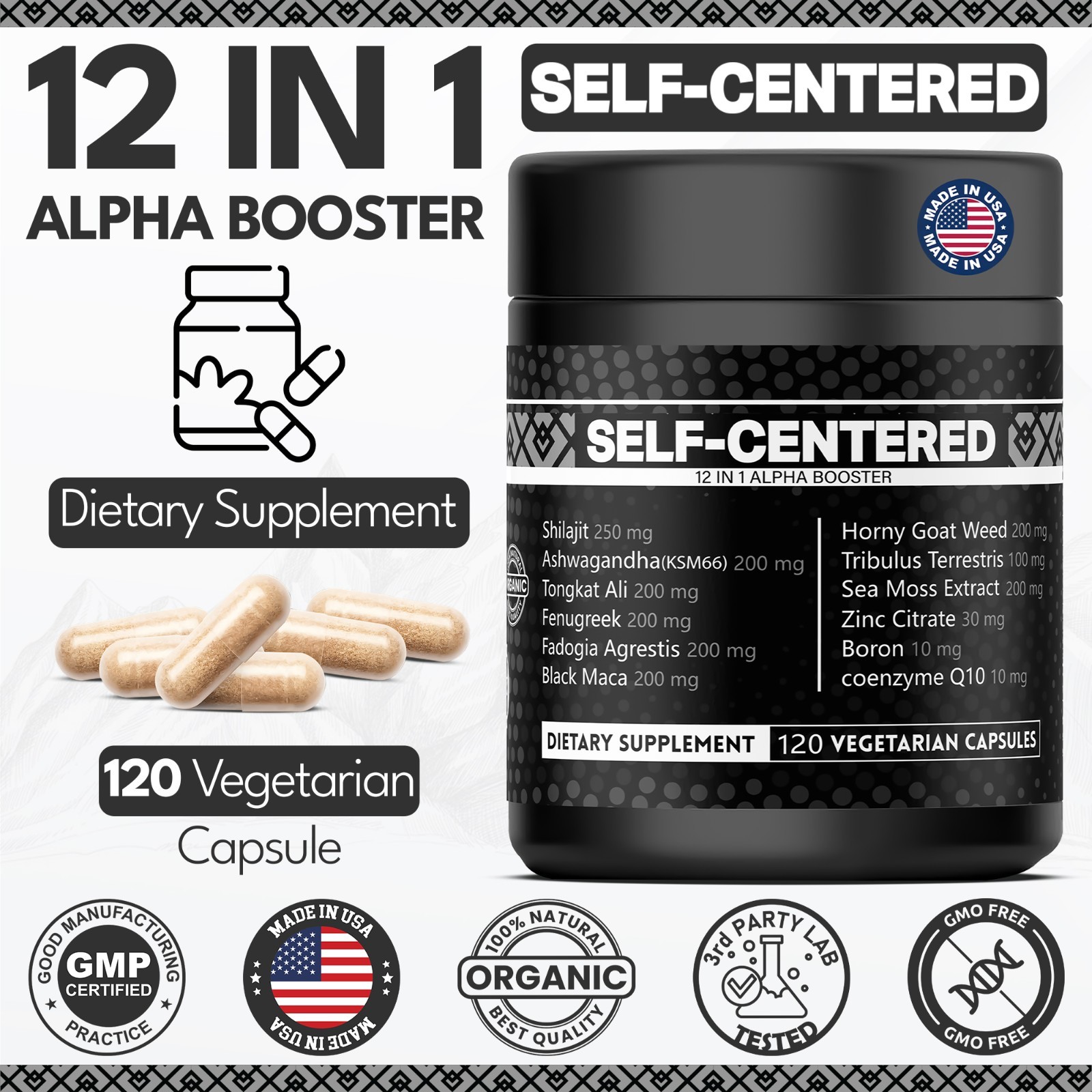 Self Centered: 12-in-1 ALPHA BOOSTER for Men, Muscle Growth, Energy,2 MONTH SPLY