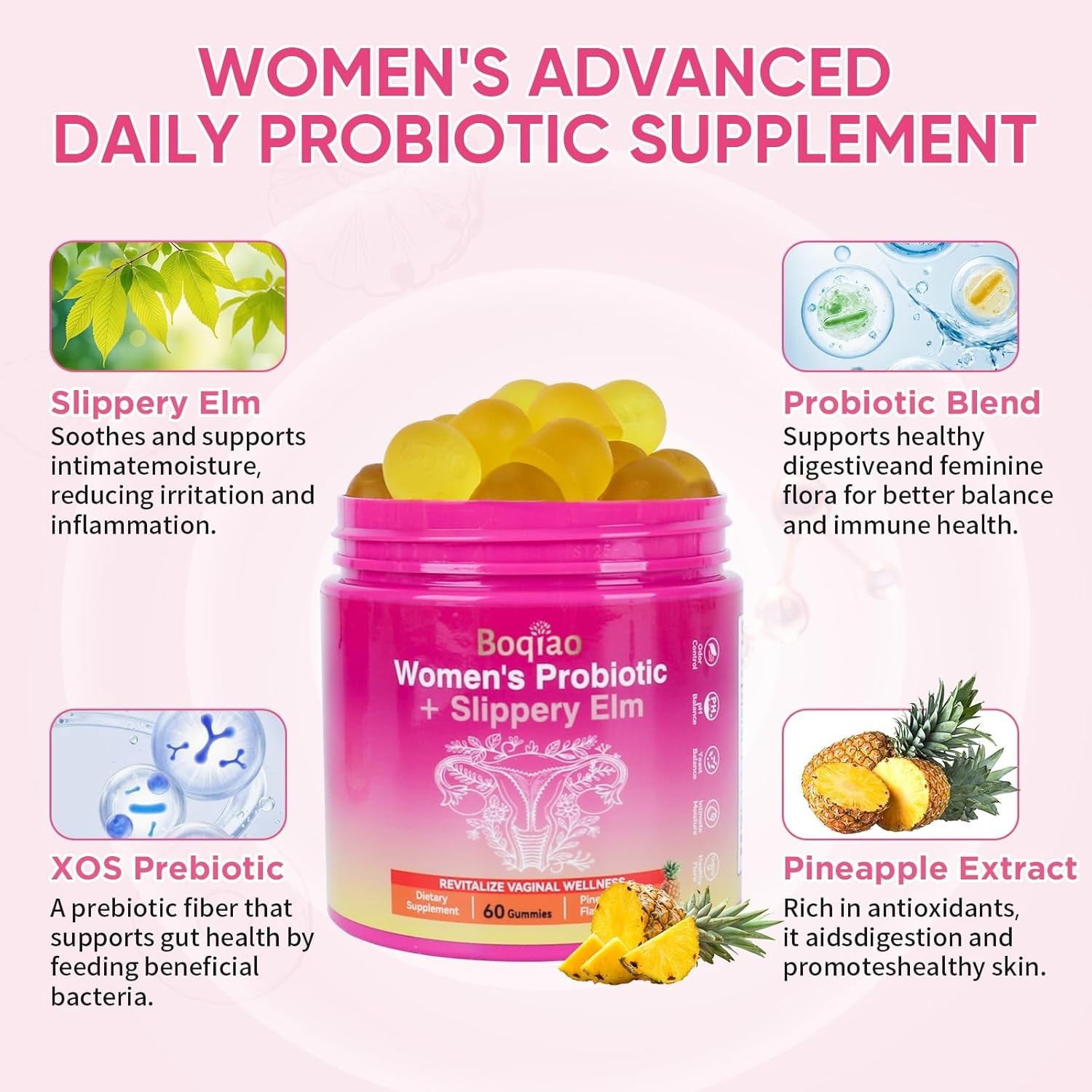 Probiotic Gummies with Slippery Elm Supports Flora Women ph Balance | Pineapple