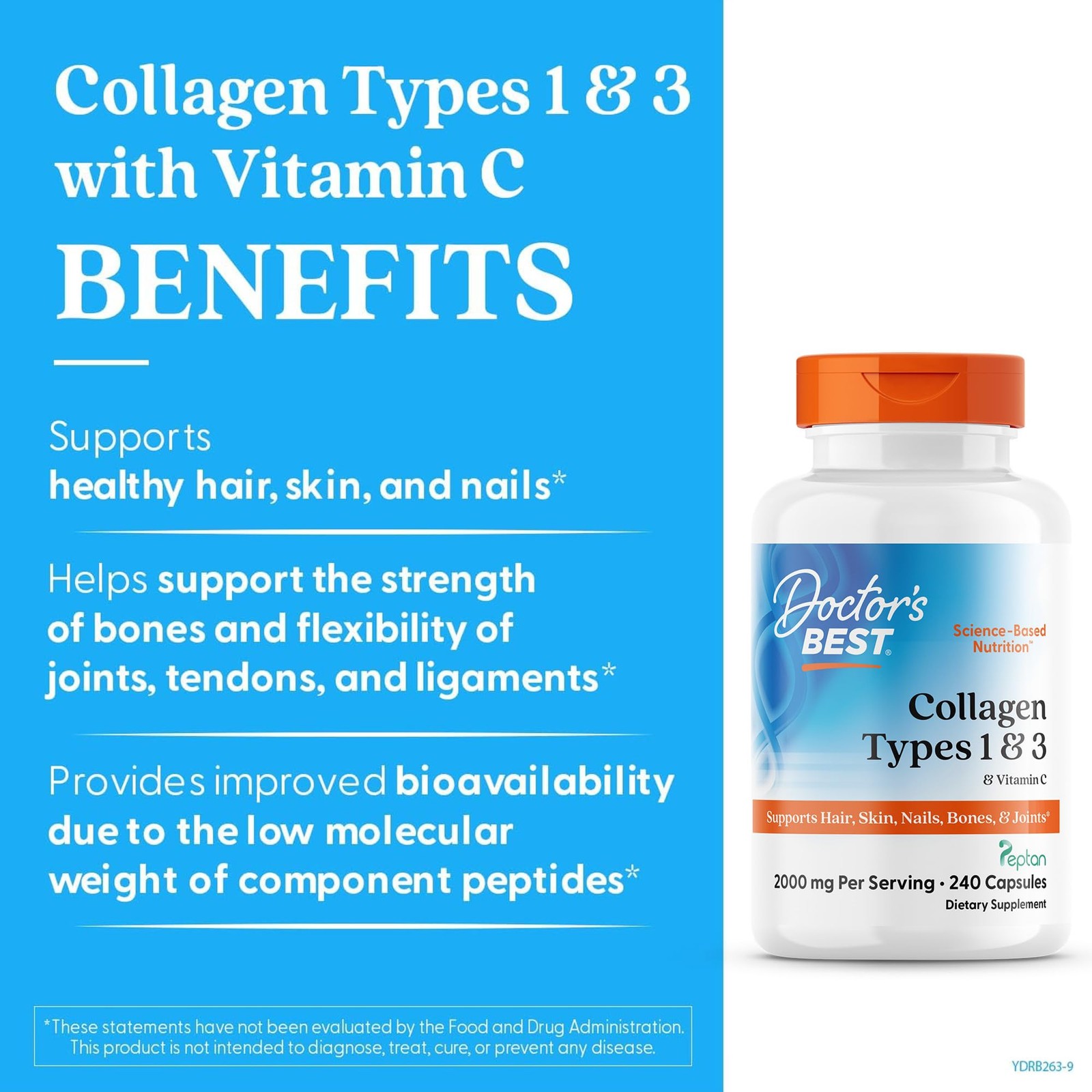 Doctor’s Best Collagen Peptides Types 1 & 3 – 240 Count (Pack of 1), No Color