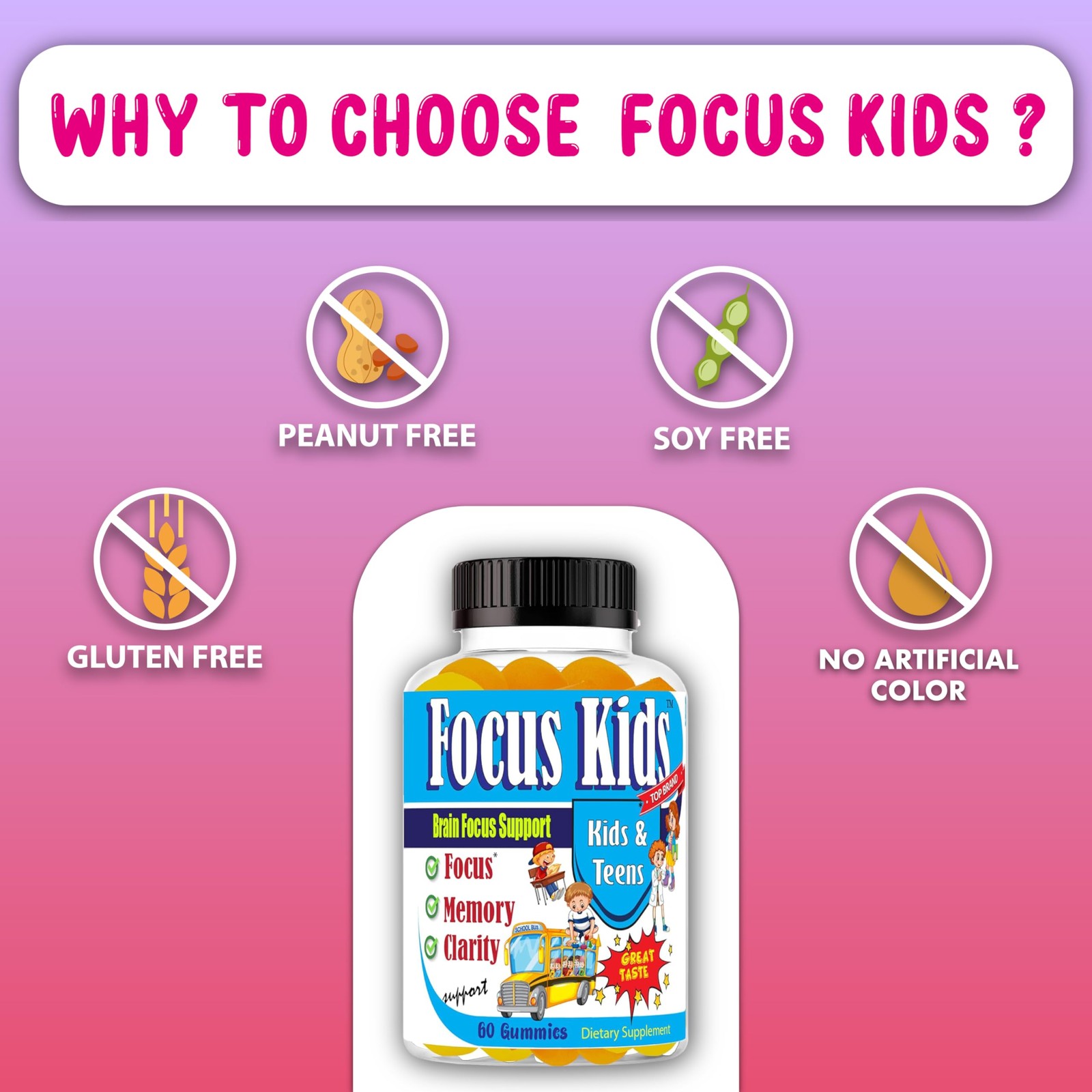 Focus Kids Gummies for Kids and Teens, Attention, Memory Concentration, Focu…