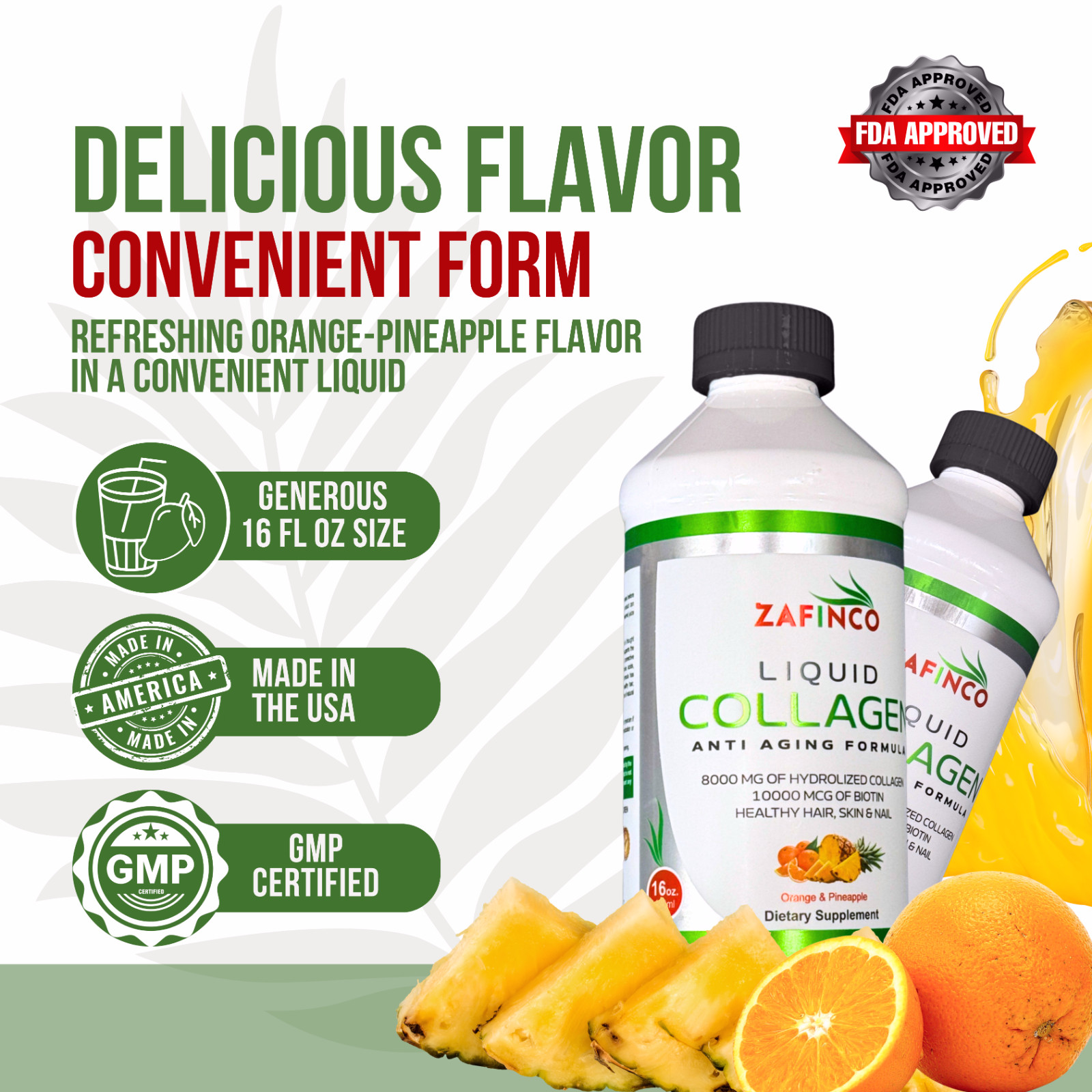 ZAFiNCO- Liquid Collagen, Extra Strength Sugar Free Biotin, Orange -Pineapple