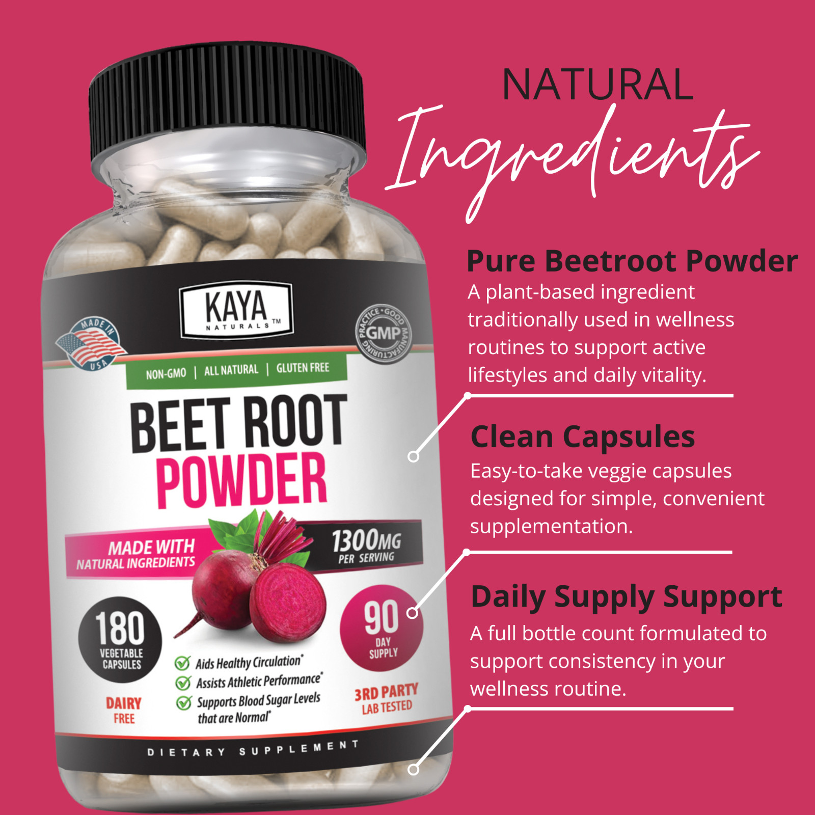 Organic Beet Root Powder 1300mg 180ct Nitric Oxide Booster Superfood Beetroot
