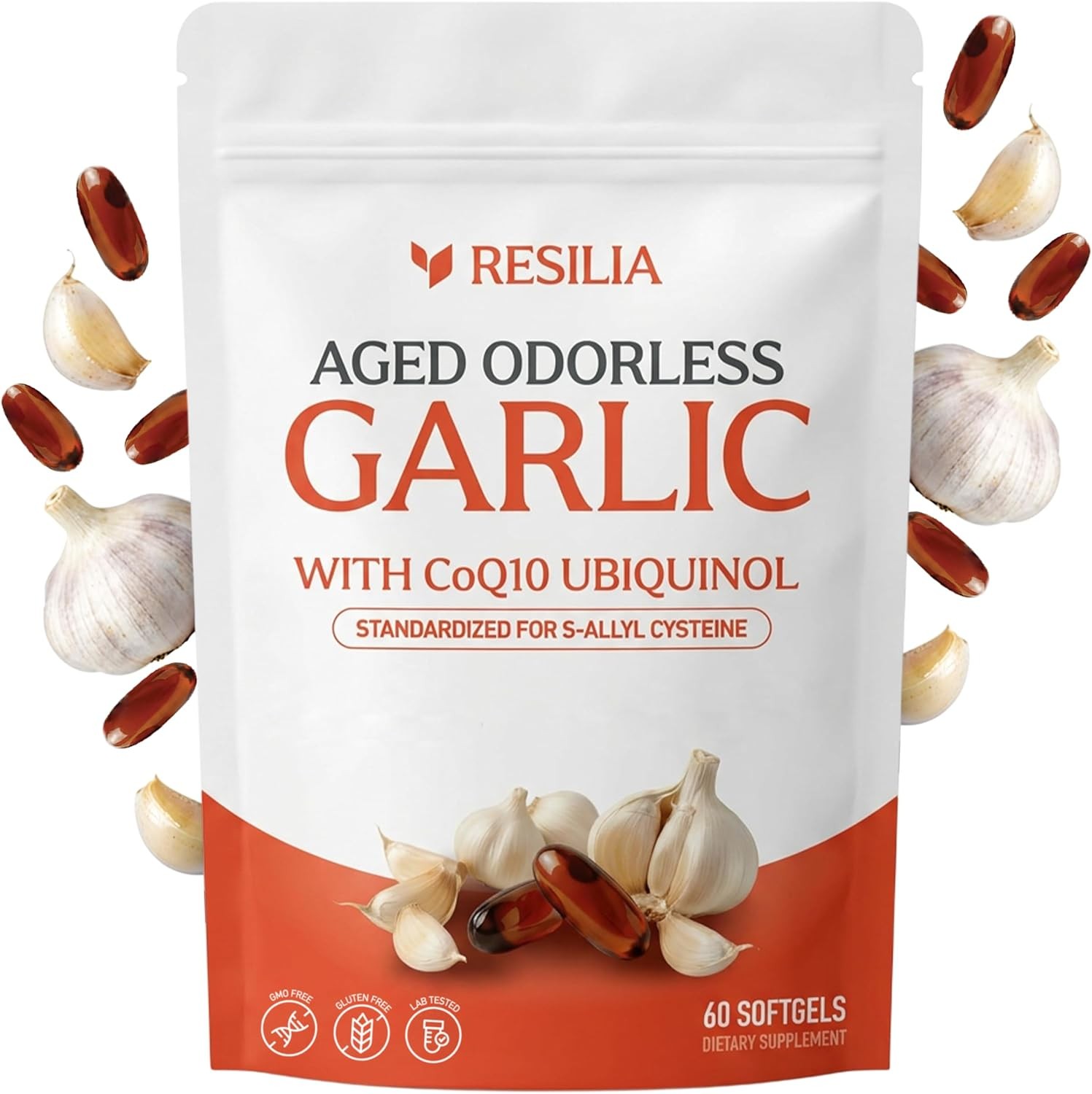 Odorless Aged-Resilia Garlic Extract 600mg Softgels (60 Count) with CoQ10
