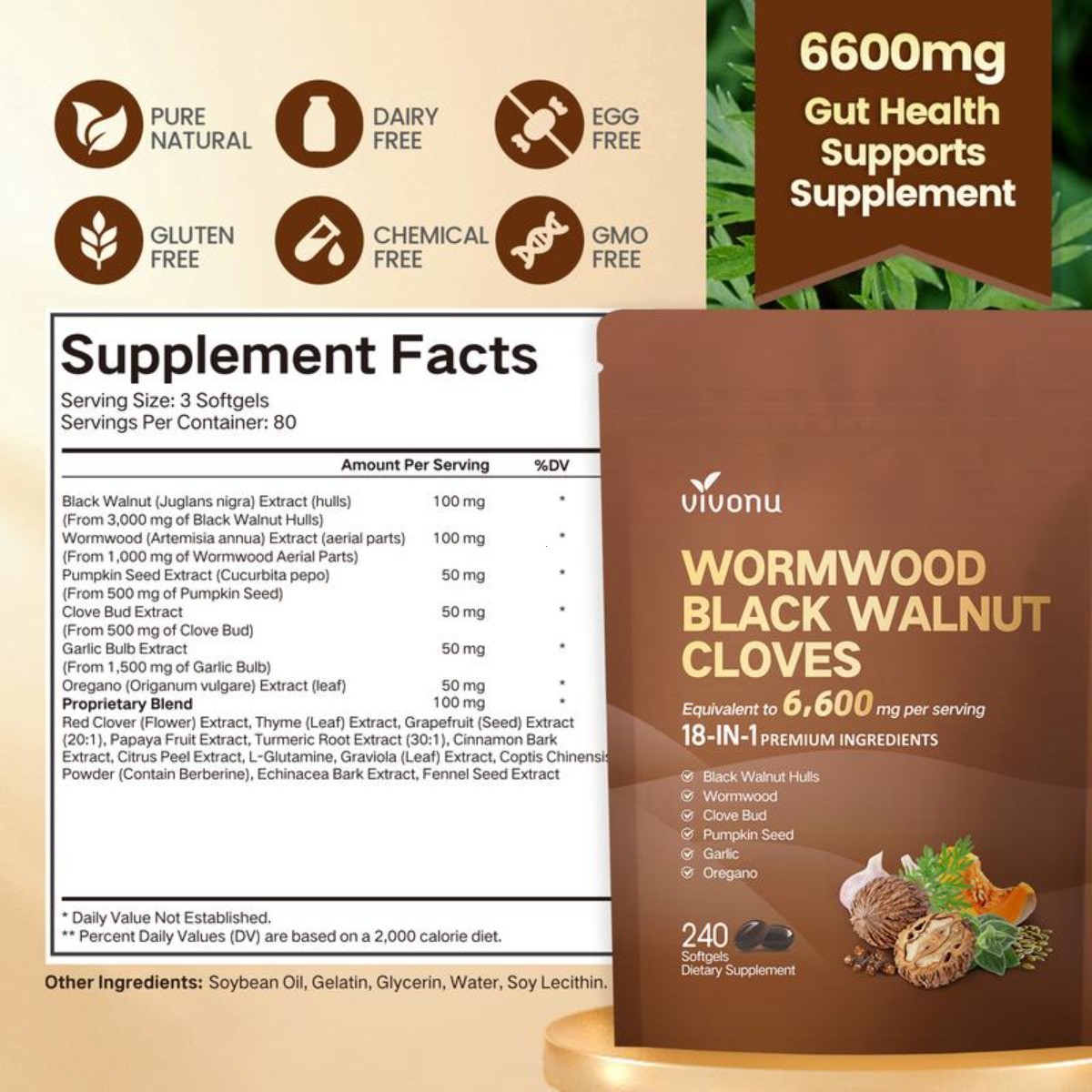 Vivonu 18-in-1 Wormwood Black Walnut Clove Gut Detox Liquid Soft Gels 240 Count