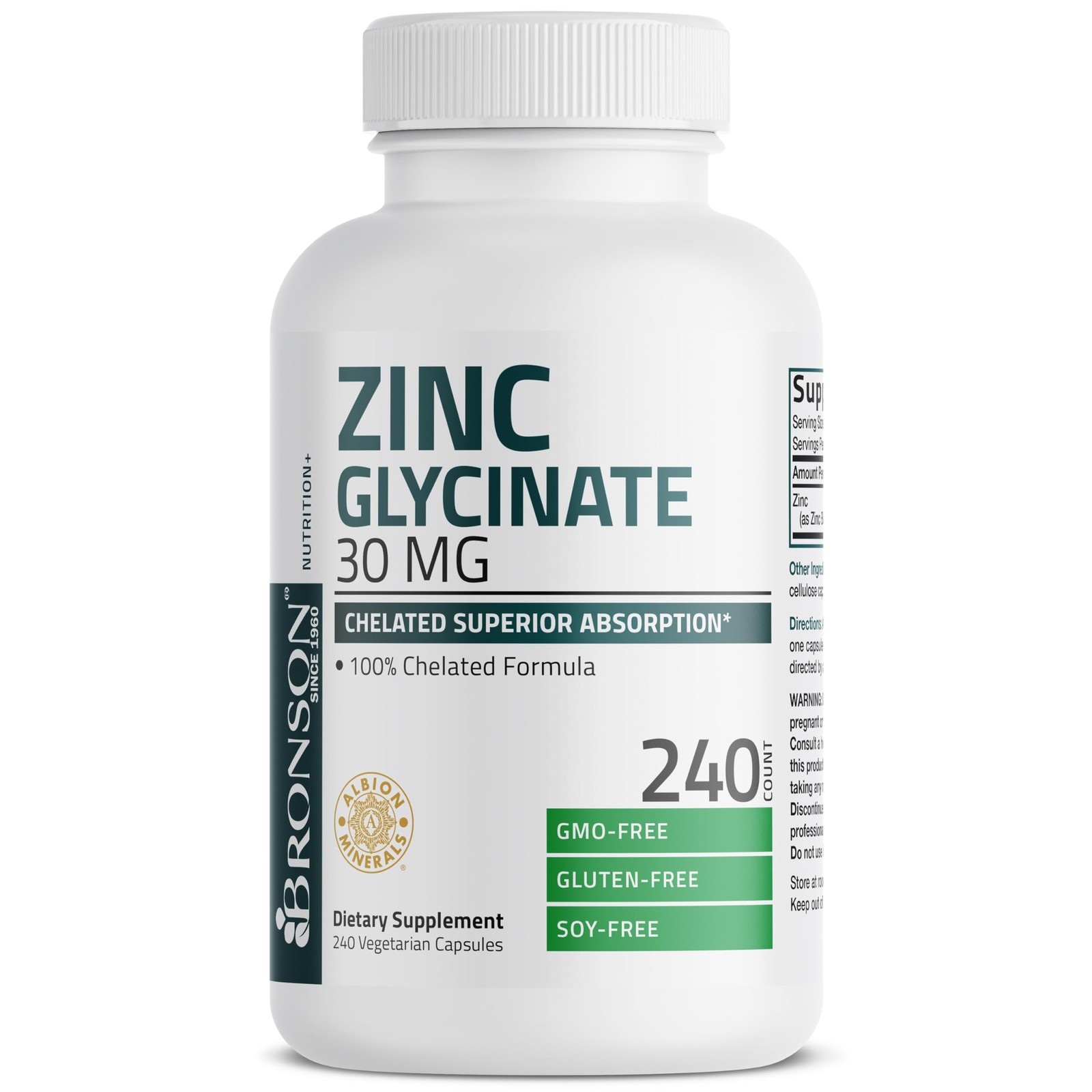 Bronson Zinc Glycinate 30mg Chelated Superior 240 Count (Pack of 1)