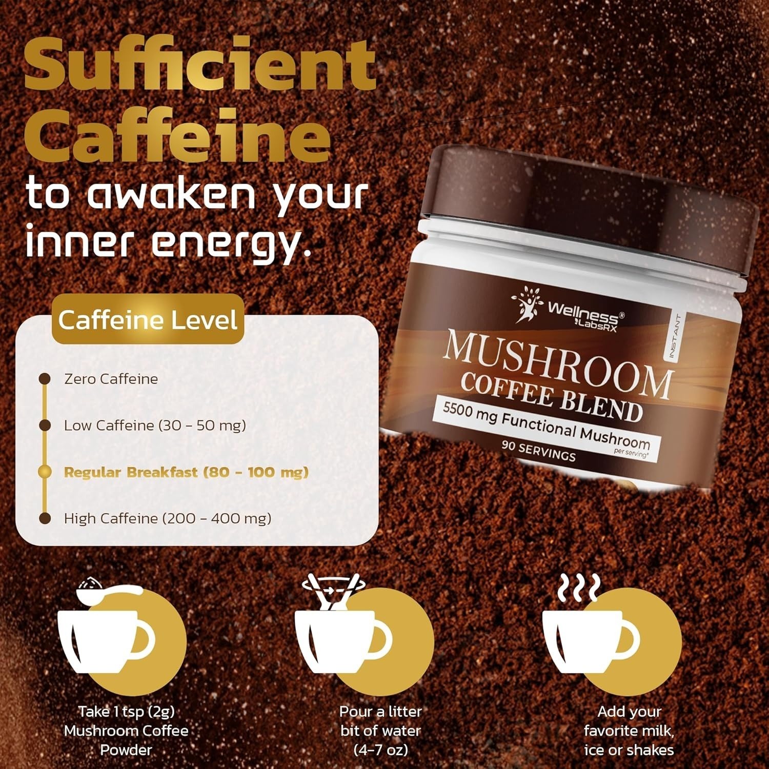 Mushroom Coffee 90 Servings | Lions Mane, Reishi, Chaga, Keto Instant Blend