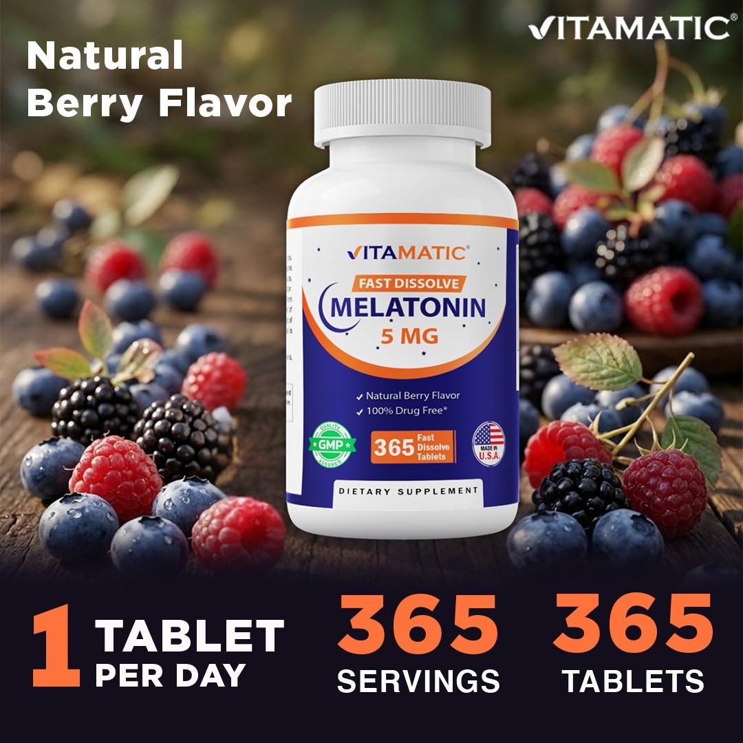 Vitamatic Melatonin 5mg Tablets | Natural Berry Flavor – 365 Tablets