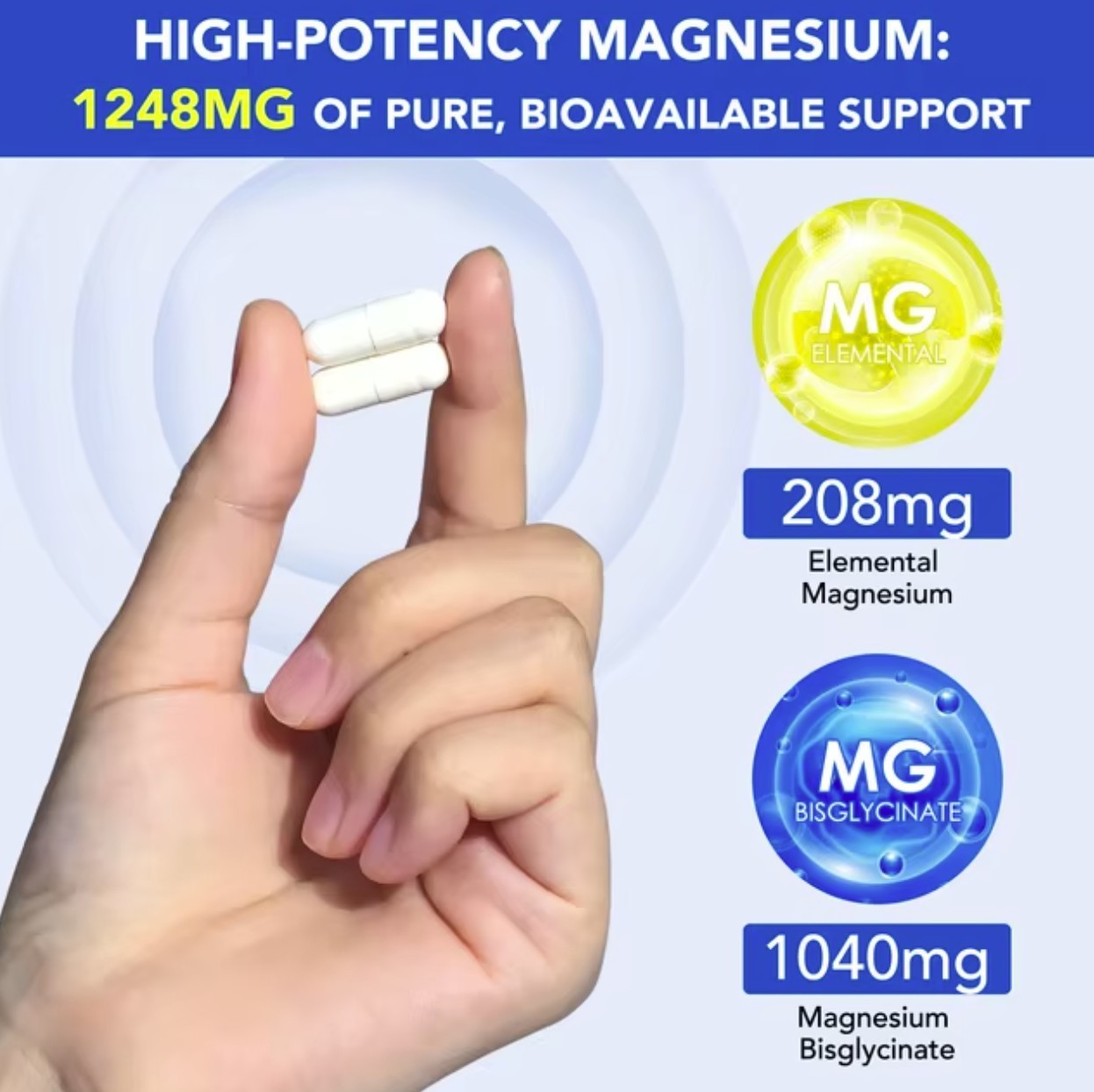 Magnesium Glycinate 1040mg 120 Capsules for Calm Stress, Sleep, Leg Cramp, Heart