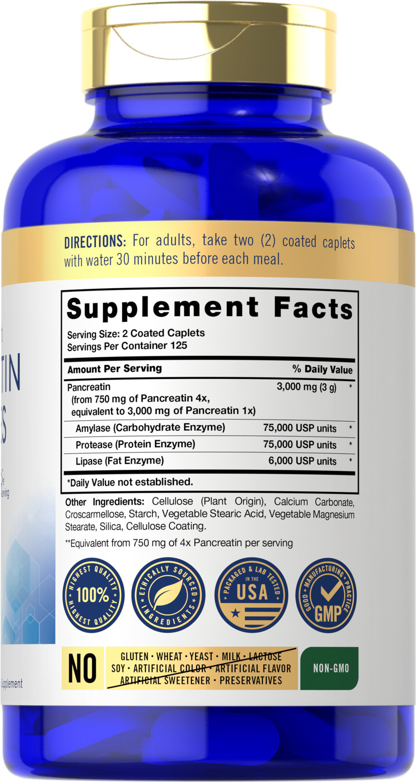 Pancreatin Digestive Enzymes | 3000mg | 250 Caplets | Non-GMO | by Carlyle