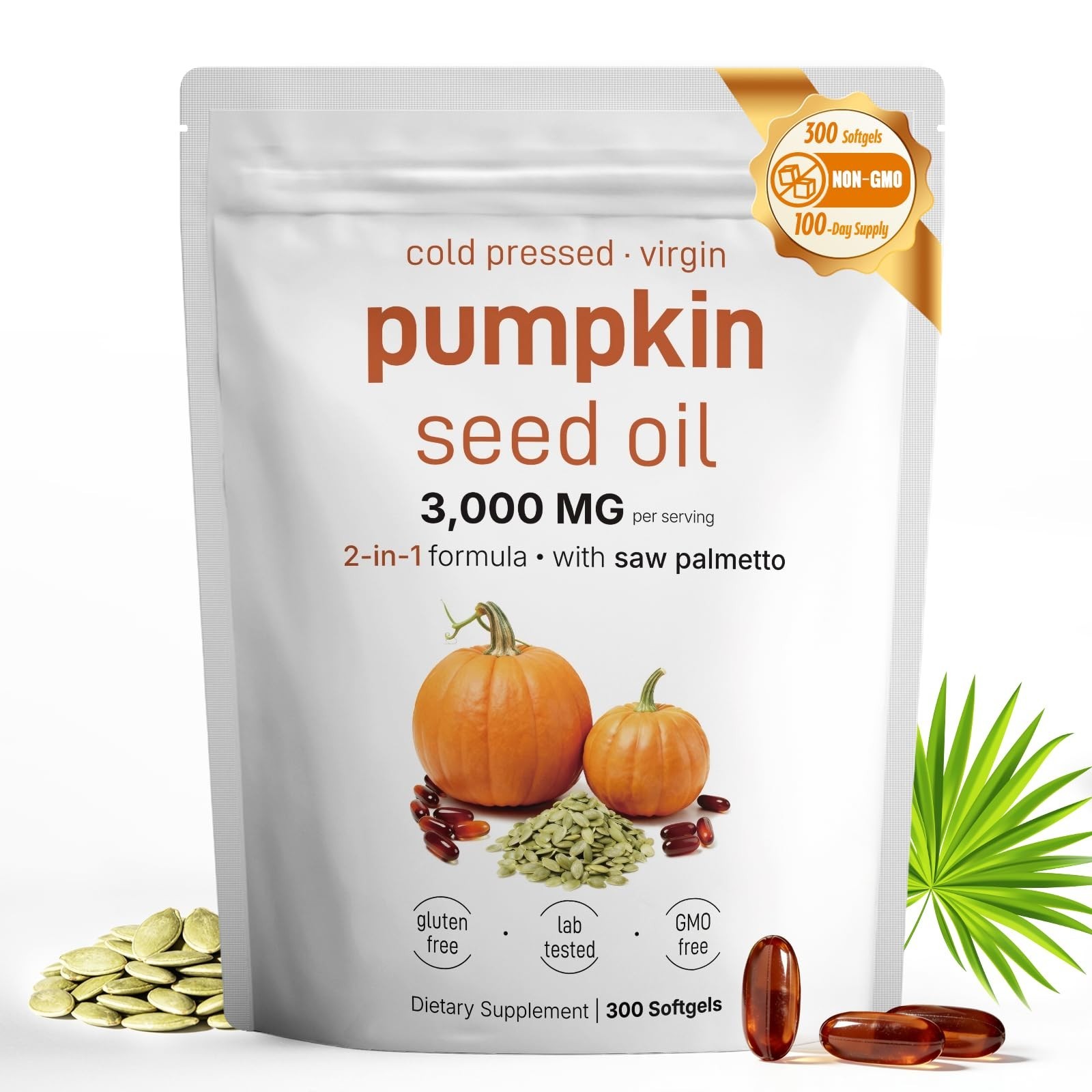 Pumpkin Seed Oil & Saw Palmetto 300 Softgels – Cold Pressed Omega 6 & 9, Hair &
