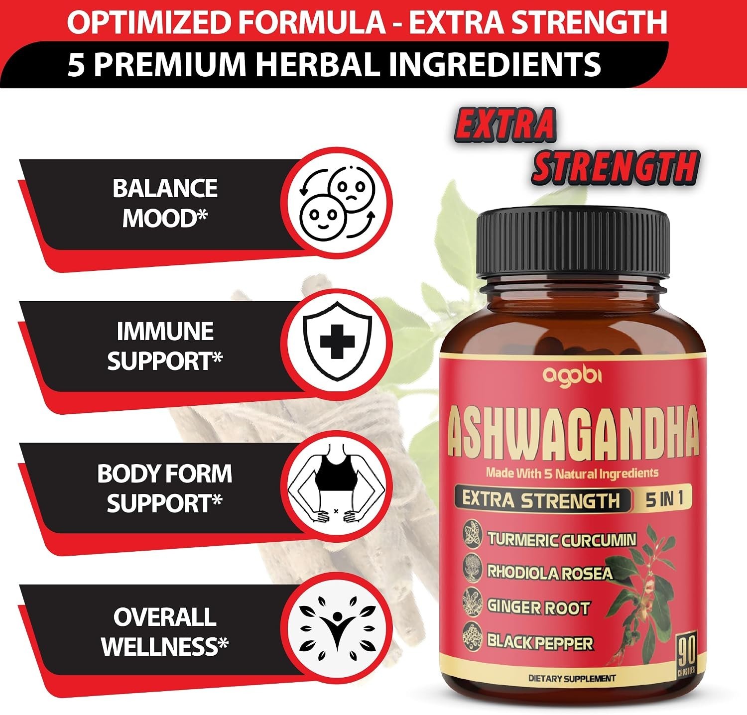 90 Ashwagandha Capsules for Immune Support & Mood Balance, 3- Supply