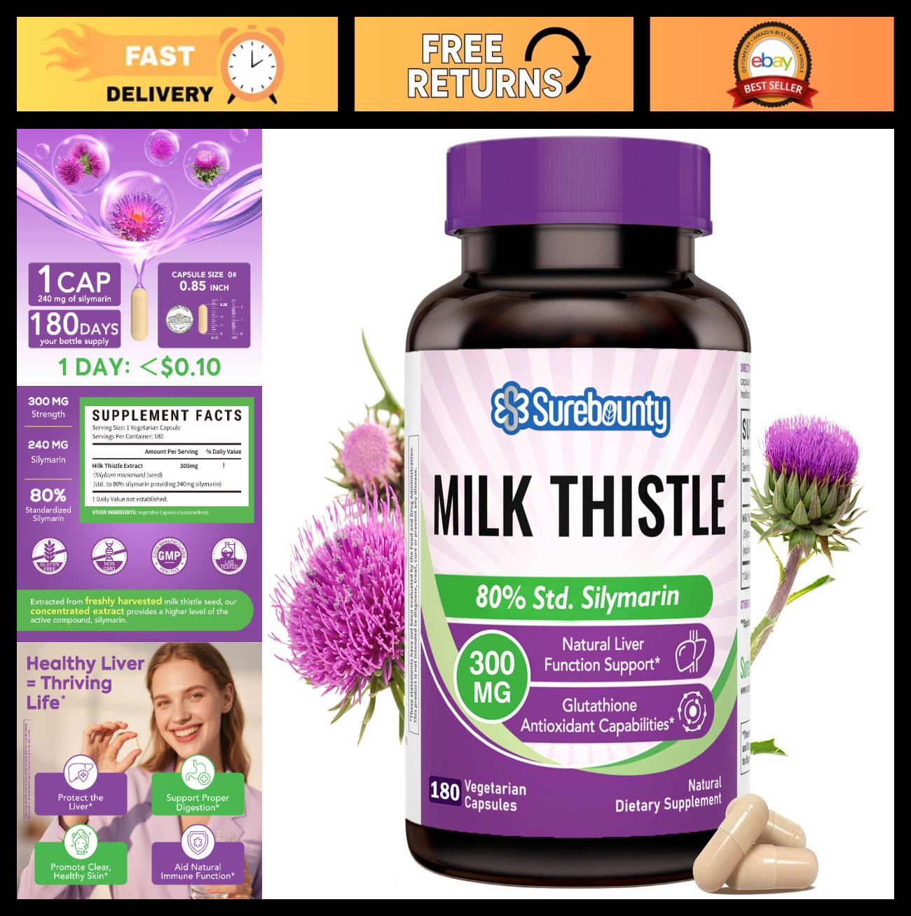 Milk Thistle 300mg Extract, 80% Silymarin, Liver Detox Cleanse, 180 Veggie Caps