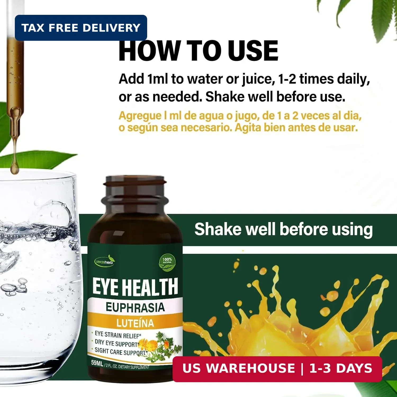 Eyebright Herb Eye Health Drops, Bilberry & Lutein Liquid Extract Herbal Supplem