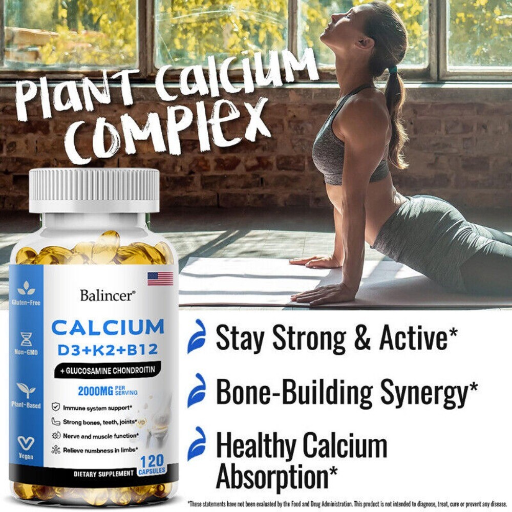 Calcium Capsules w/ D3+K2+B12 Support Bones Muscles Health Immune System 120Caps