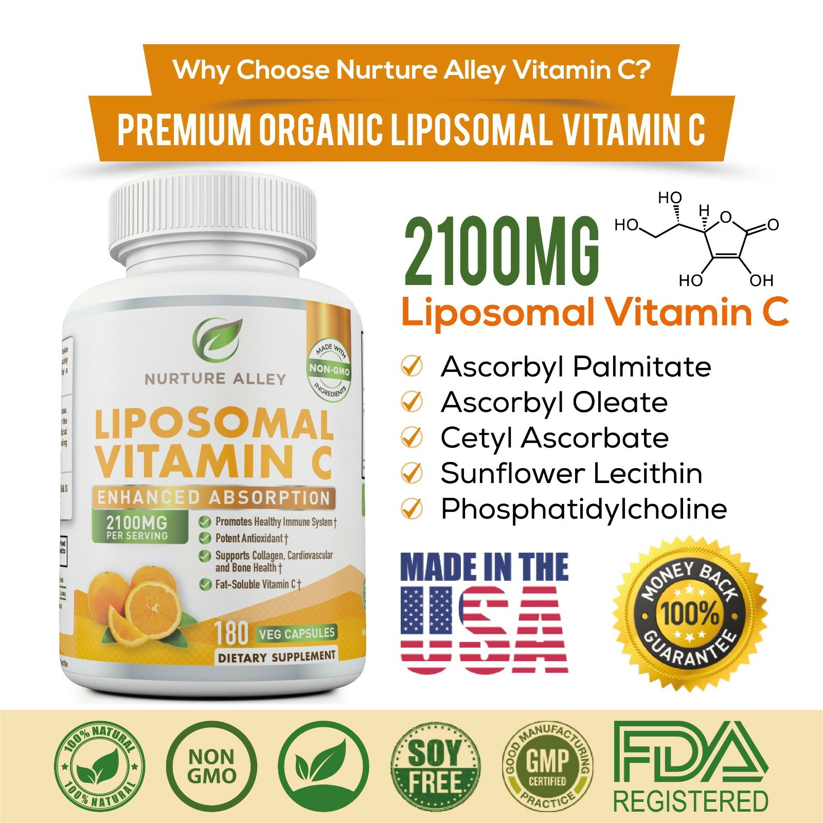 Nurture Alley Liposomal Vitamin C 2100mg- 180 Capsules High Absorption Ascorbic