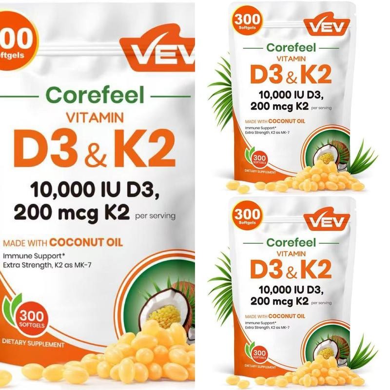 300 Oil Support VEV Softgels, 2-in-1 for Immune & Bone Coconut Vitamin D3,