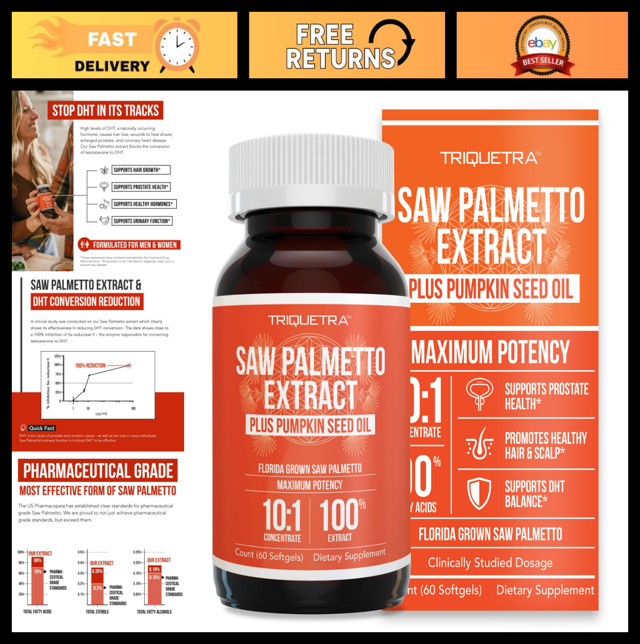 Saw Palmetto Extract 10X Potency + Pumpkin Seed Oil – Prostate Health, Hair Grow